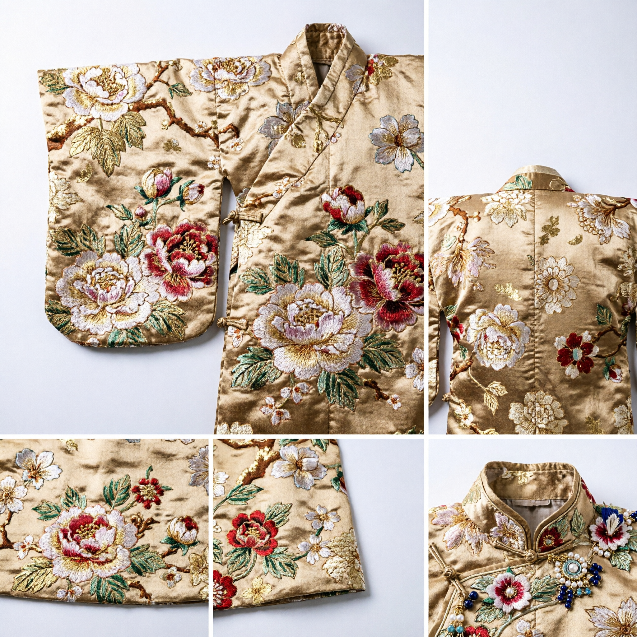 Classical Chinese Silk Brocade Fabric with Golden Floral Medallion Pattern for Traditional Hanfu and Qipao Tailoring