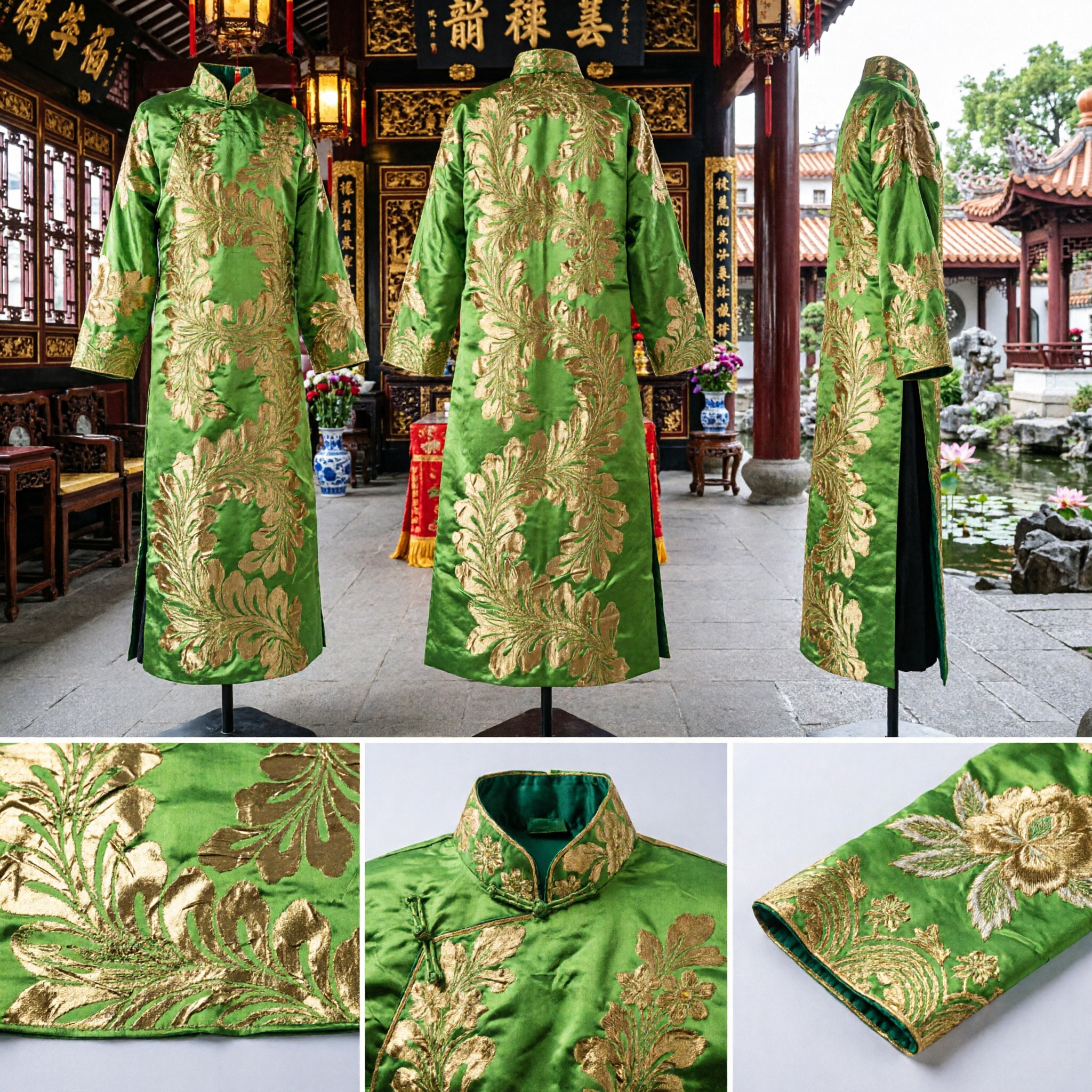 Traditional Chinese Green Silk Sash with Gold Embroidery for Folk Dance and Hanfu Costume Accessories