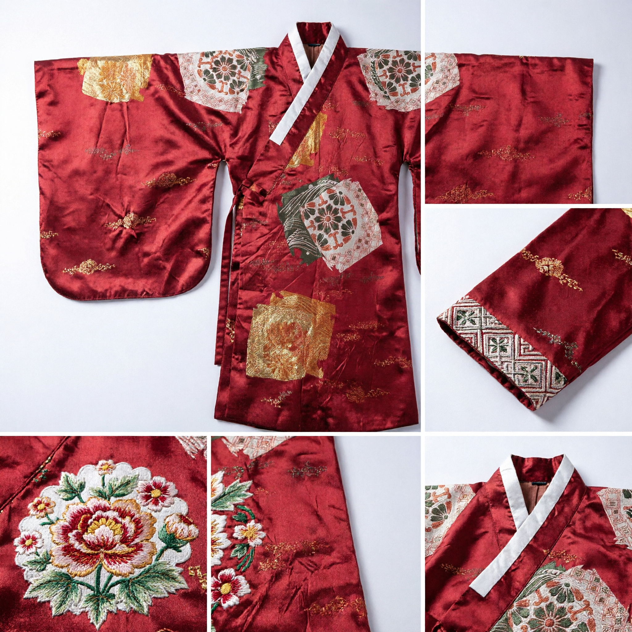 Traditional Asian Red Silk Brocade Sash with Gold Fan Patterns for Women's Kimono Hanfu Costume