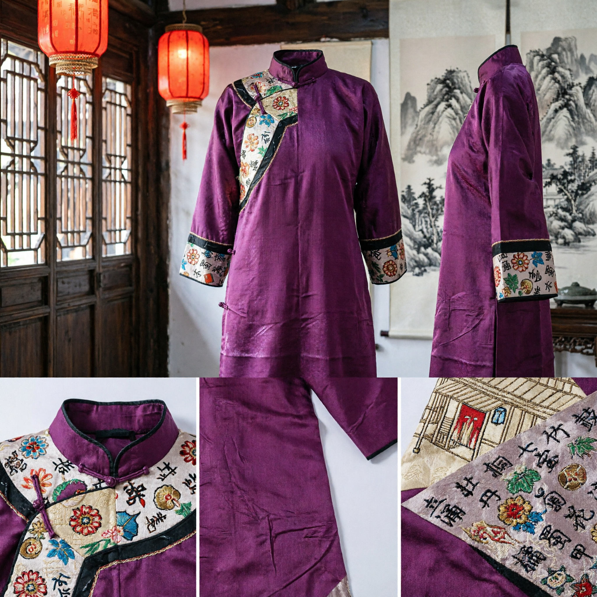 Traditional Chinese Hanfu Purple Silk Sash with Calligraphy and Architecture Print for Women Costume