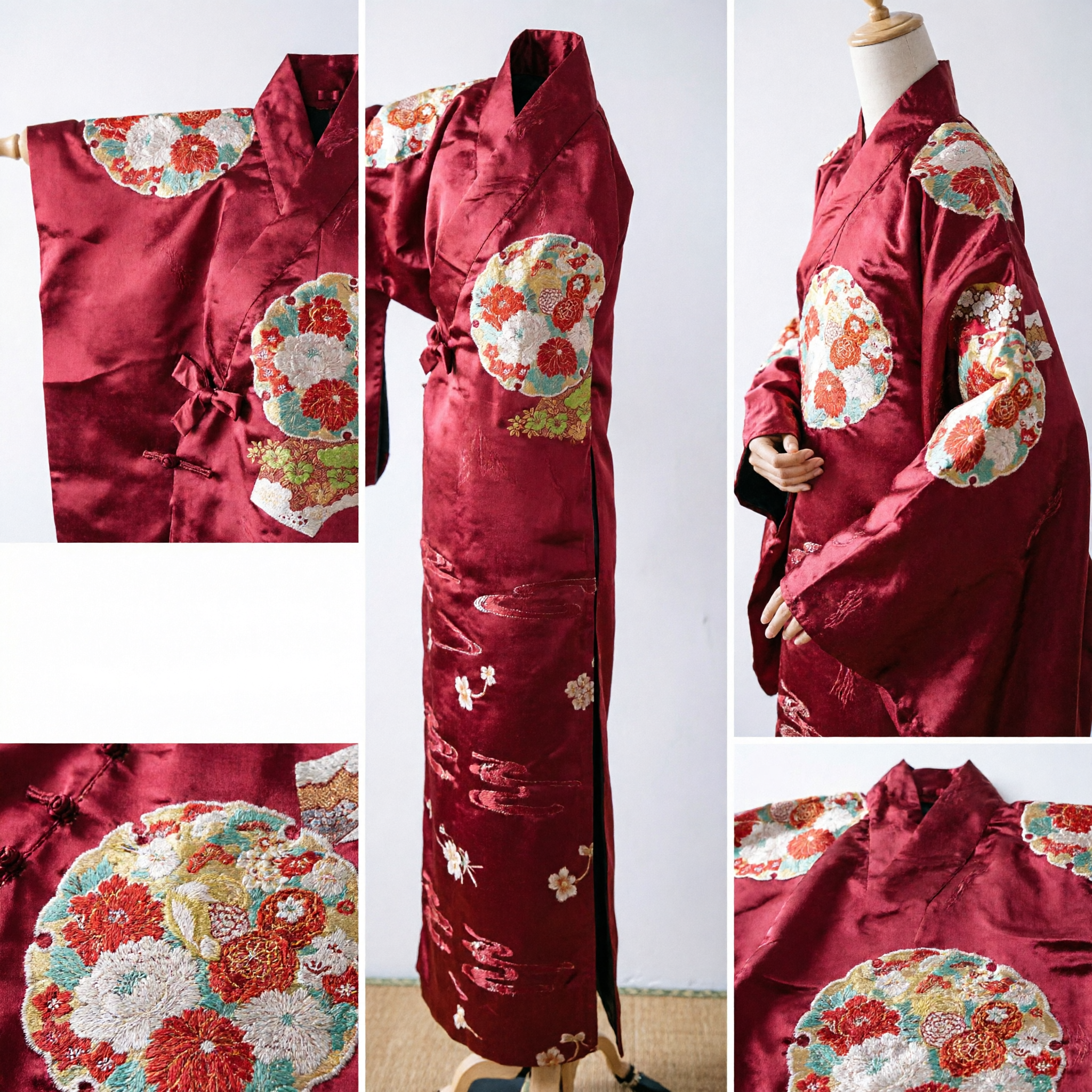 Traditional Japanese Red Silk Kimono Obi Sash with Floral Chrysanthemum and Fan Motif for Women Formal Wear