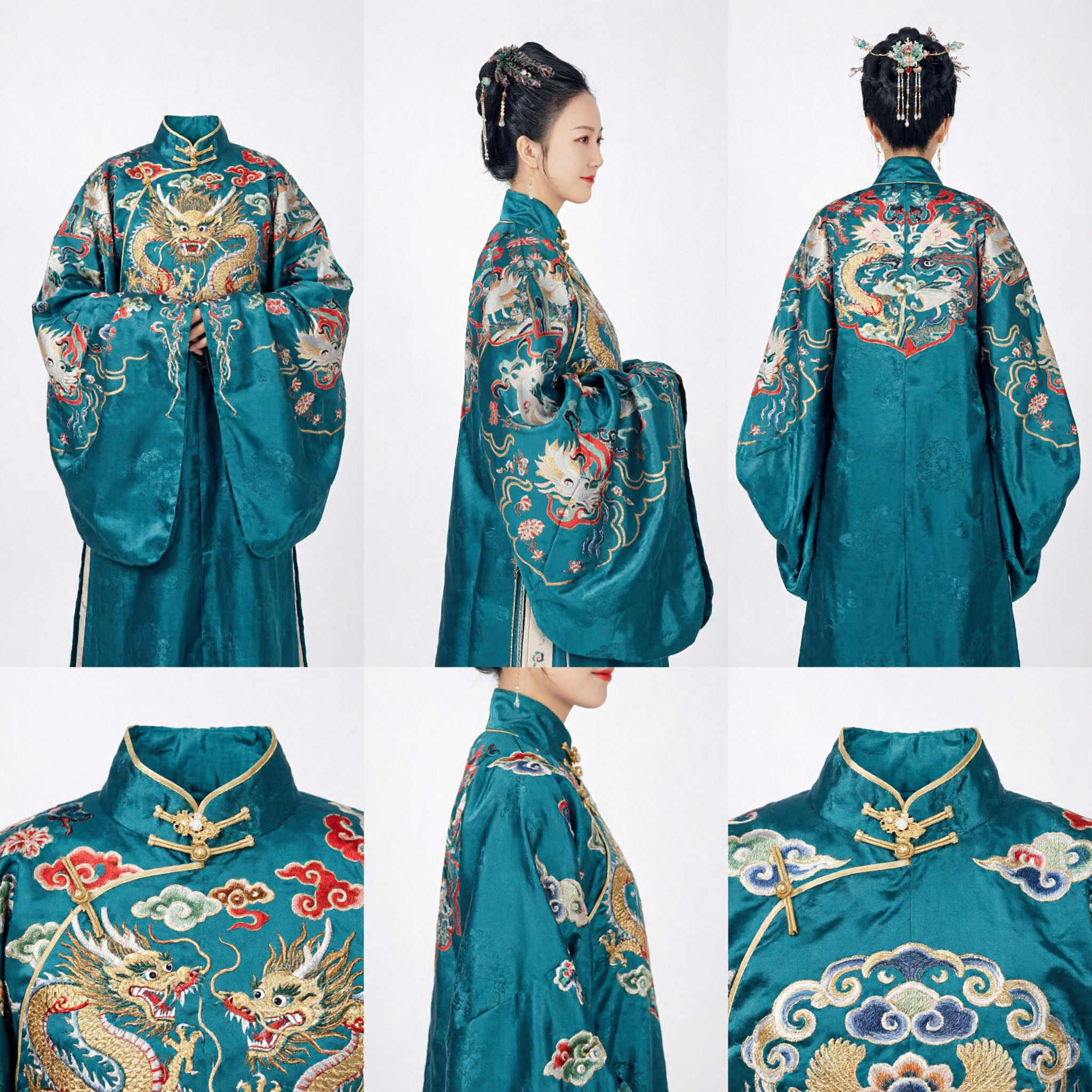 Traditional Chinese Hanfu Ming Dynasty Style Teal Brocade Robe with Crane Embroidery Historical Costume for Women