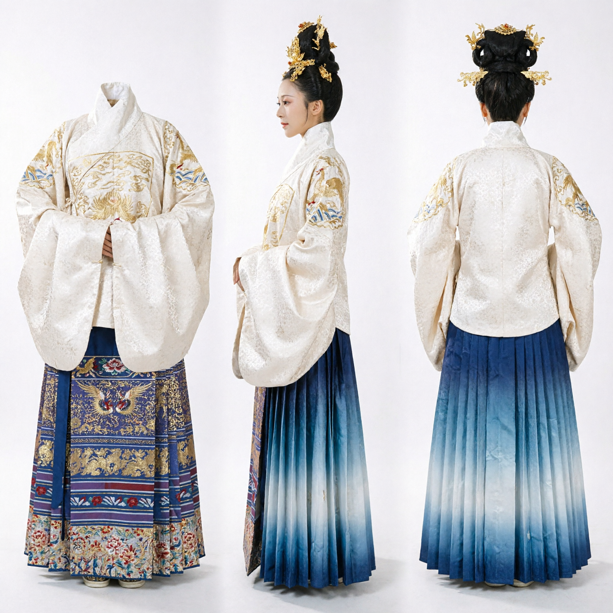 Traditional Chinese Ming Dynasty Hanfu Costume White Cross-Collar Top Blue Embroidered Skirt Ancient Princess Dress for Women
