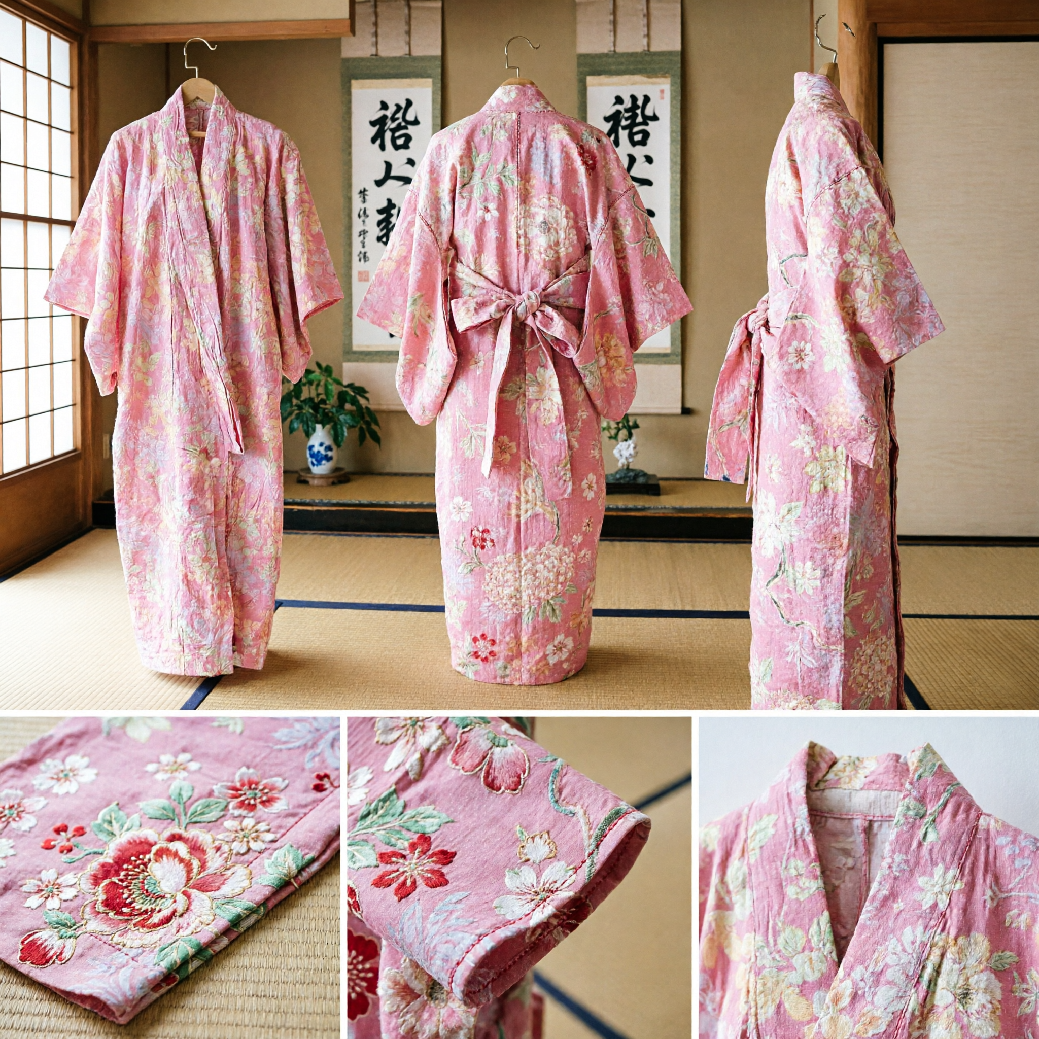 Traditional Pink Floral Japanese Yukata Kimono Robe for Women Summer Festival Cosplay Costume