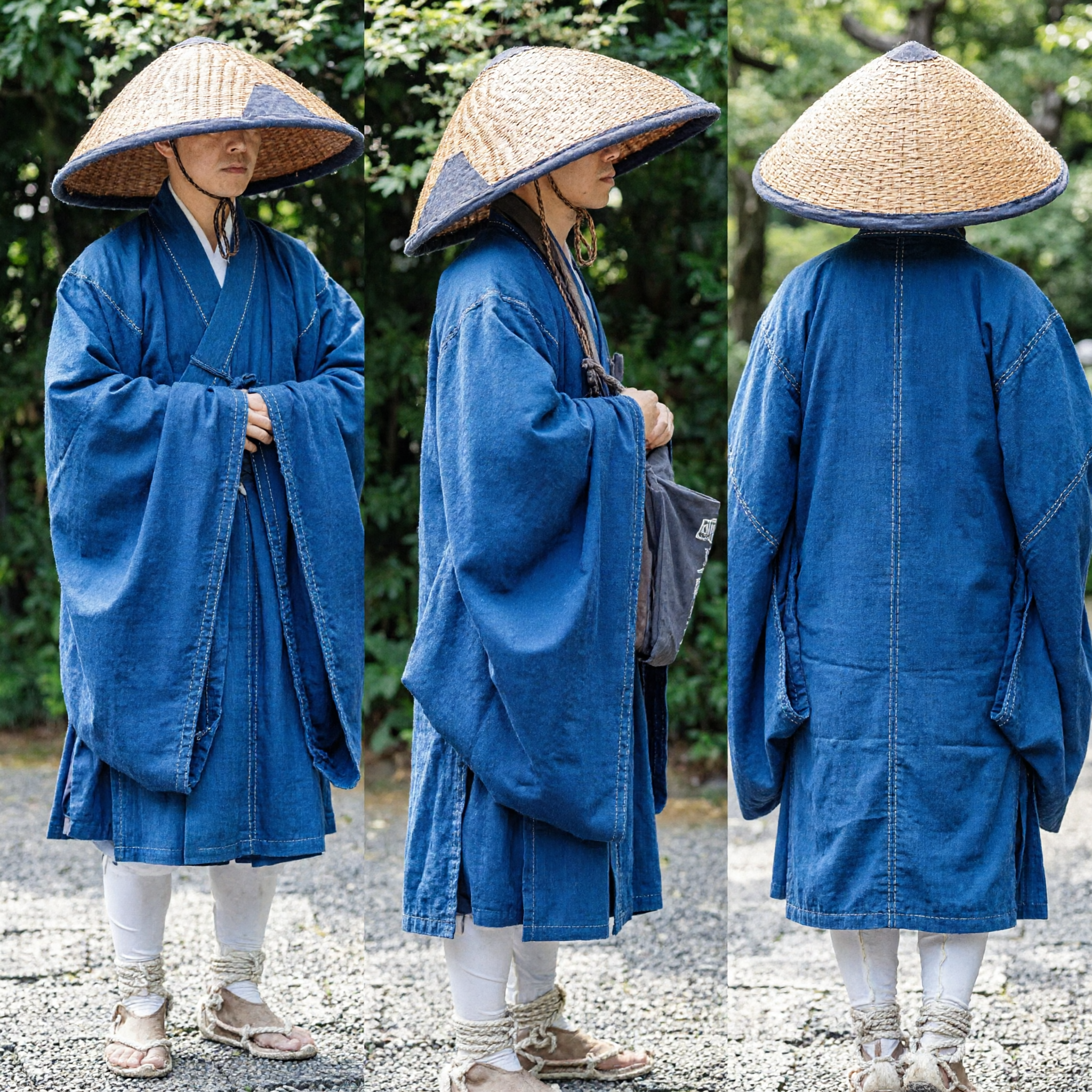 Traditional Asian Buddhist Monk Blue Robe Costume Set with Conical Straw Hat and Leg Wraps for Men