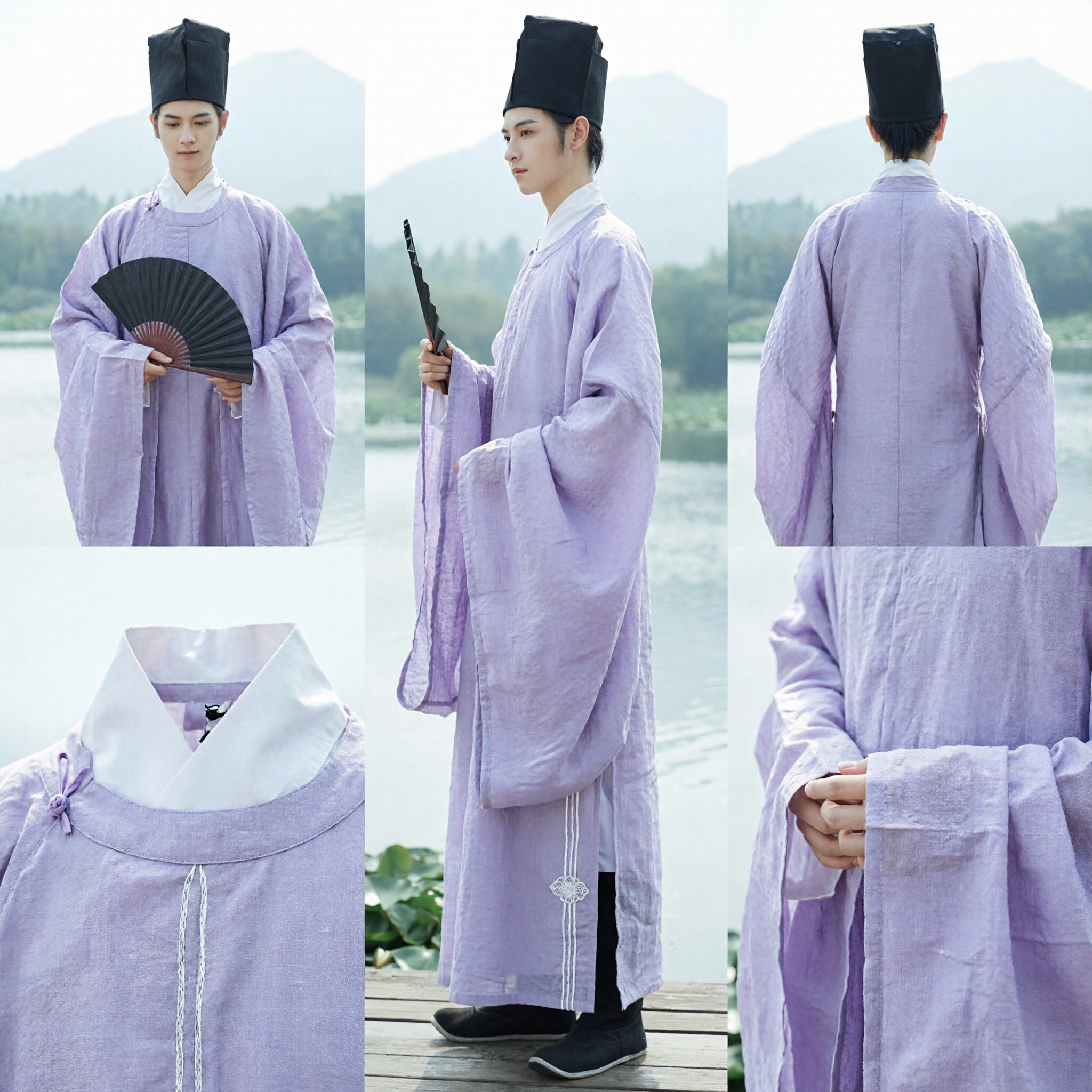 Men's Song Dynasty Hanfu Costume Light Purple Scholar Robe Ancient Official Clothing for Cosplay and Photography