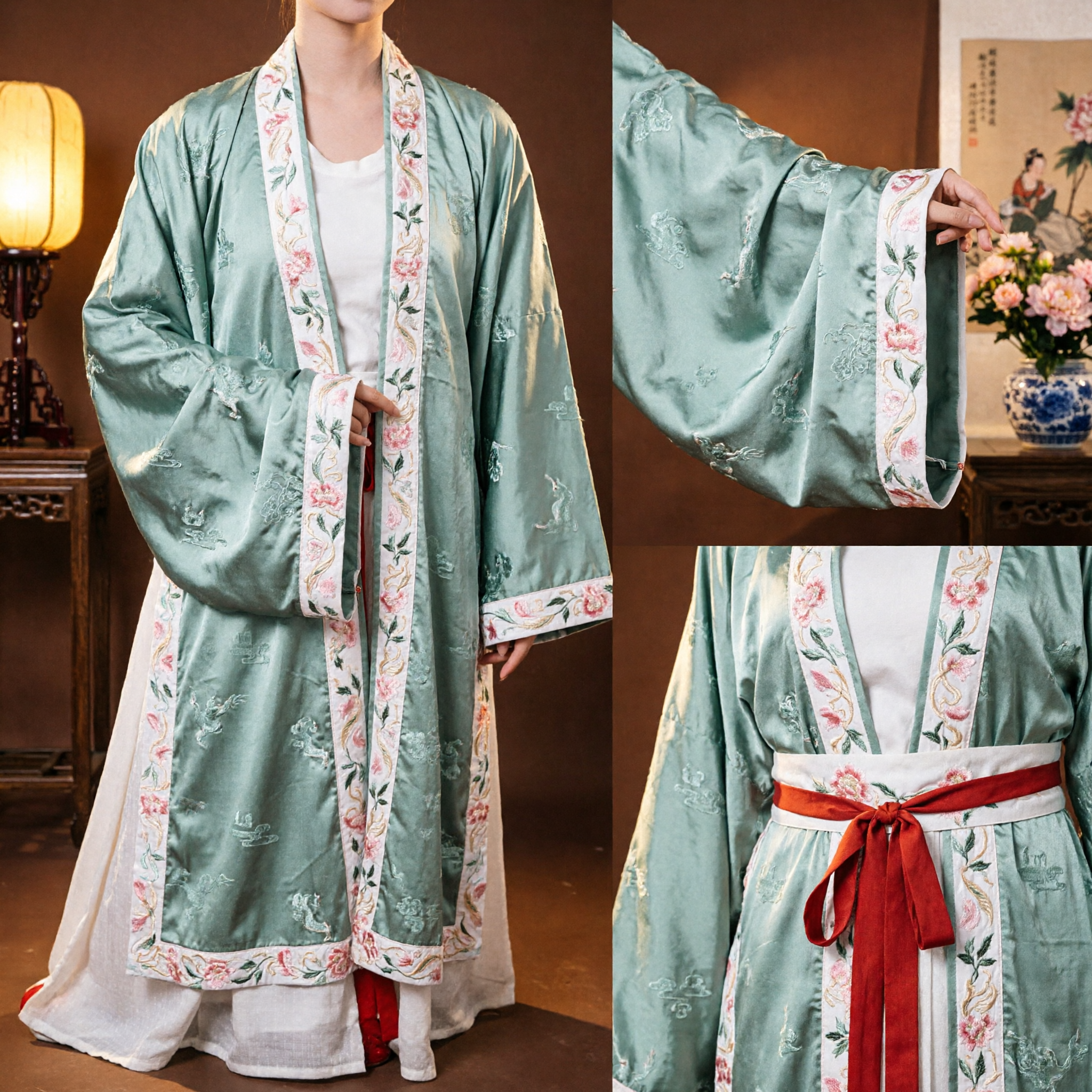 Elegant Sage Green Hanfu Dress Traditional Chinese Ancient Costume Floral Embroidery for Women Photography