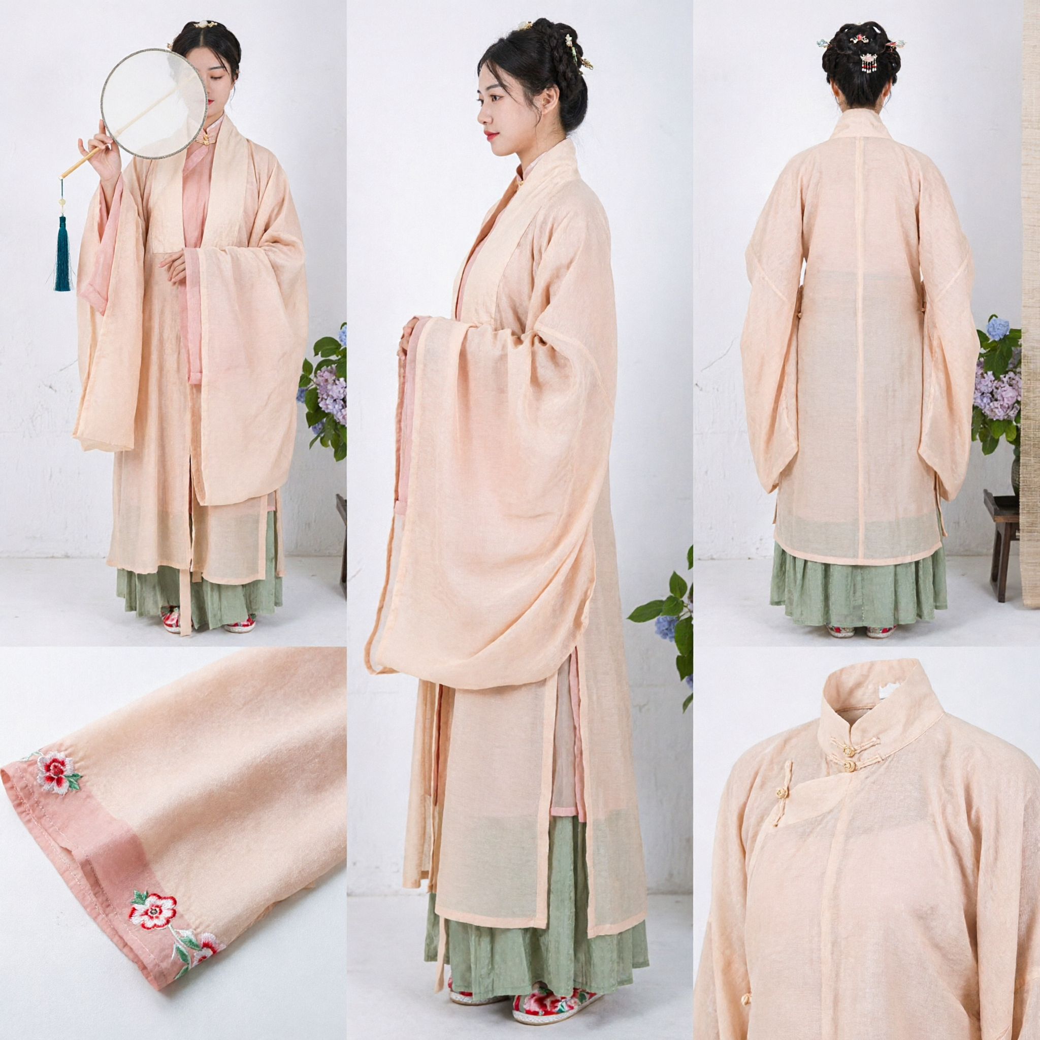 Traditional Chinese Hanfu Ming Dynasty Style Peach Outer Robe and Green Skirt Ancient Costume for Women