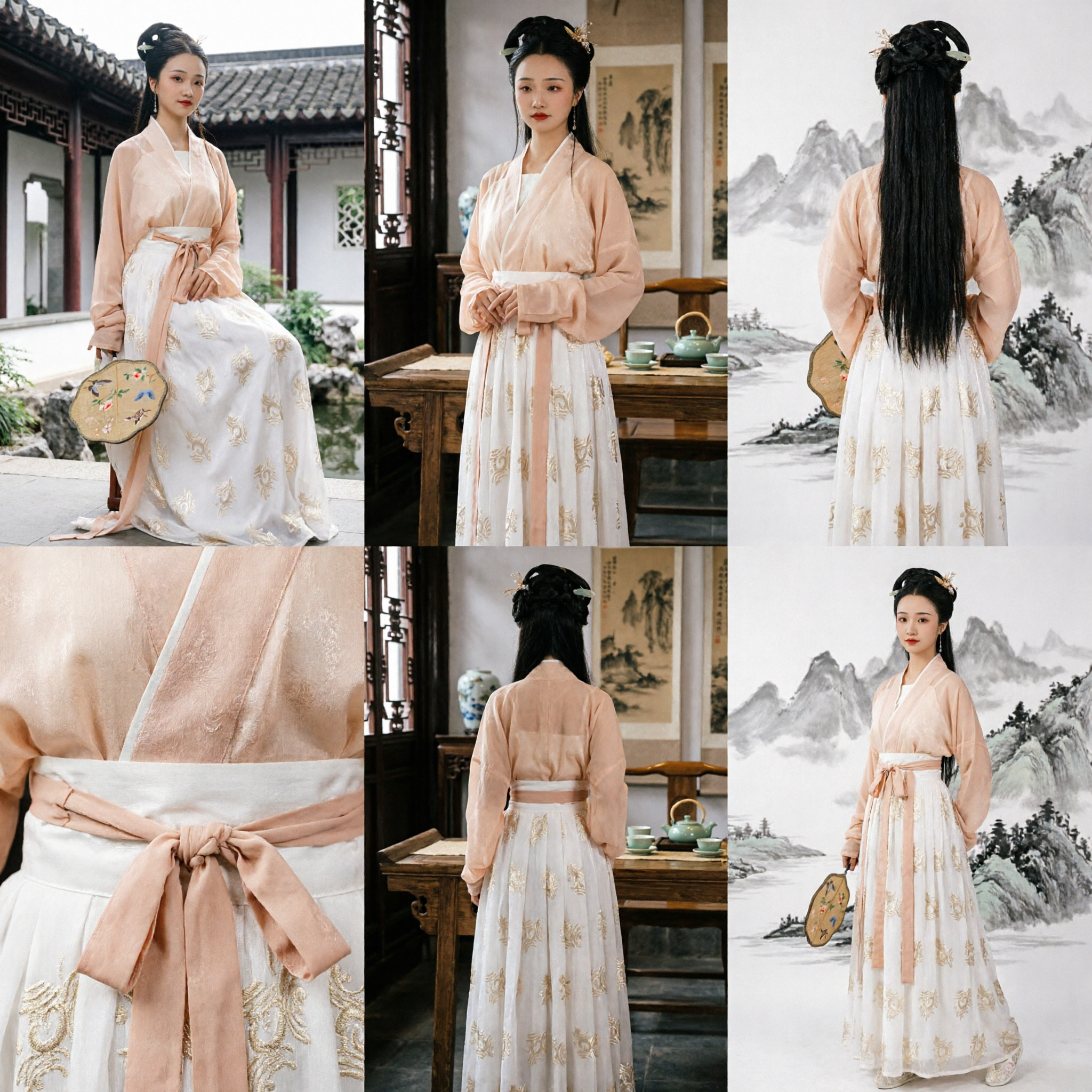 Ancient Chinese Hanfu Costume Tang Dynasty Princess Embroidered Peach Top and White Skirt Set for Women