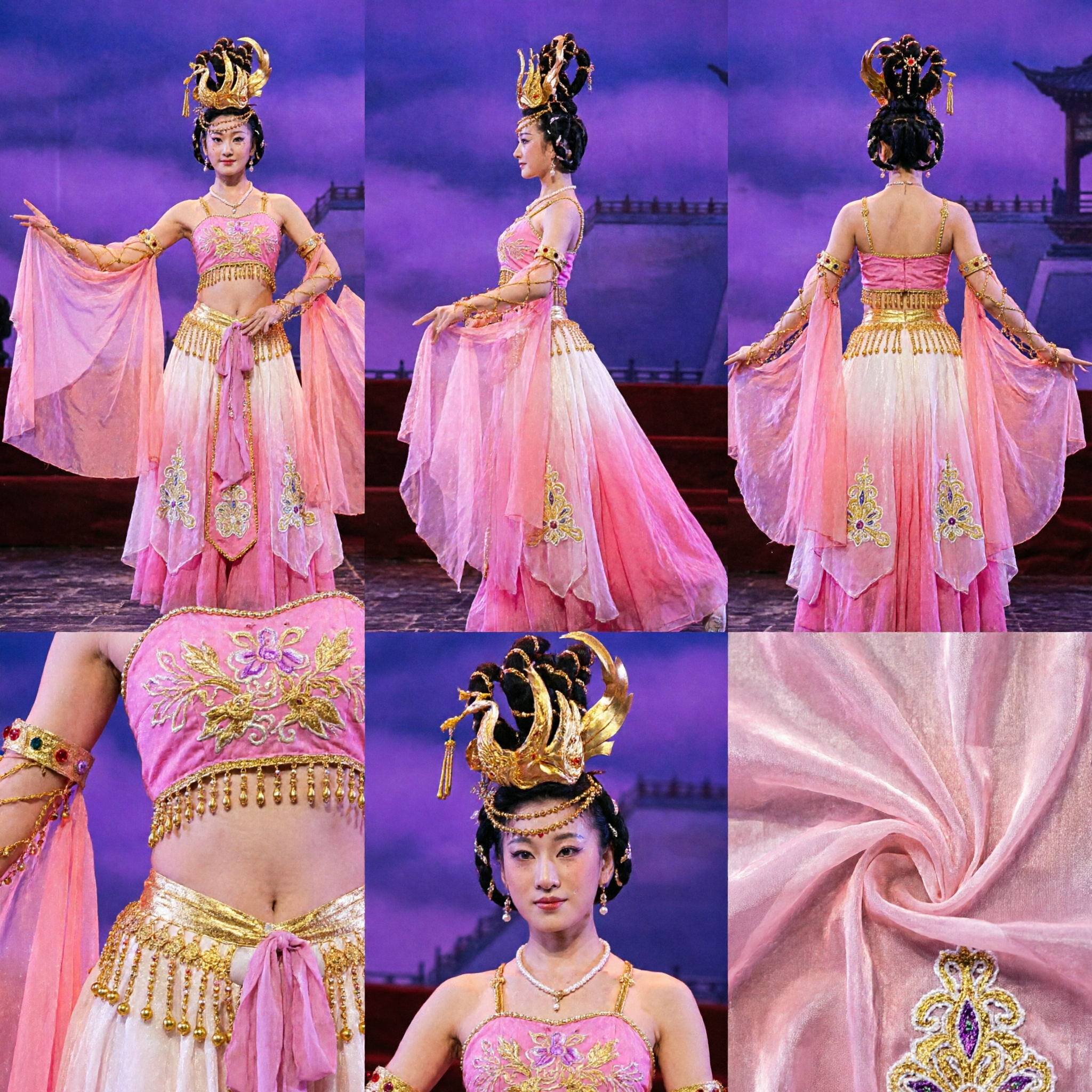 Traditional Chinese Dance Costume Pink Dunhuang Flying Apsaras Dress with Gold Headpiece for Stage Performance