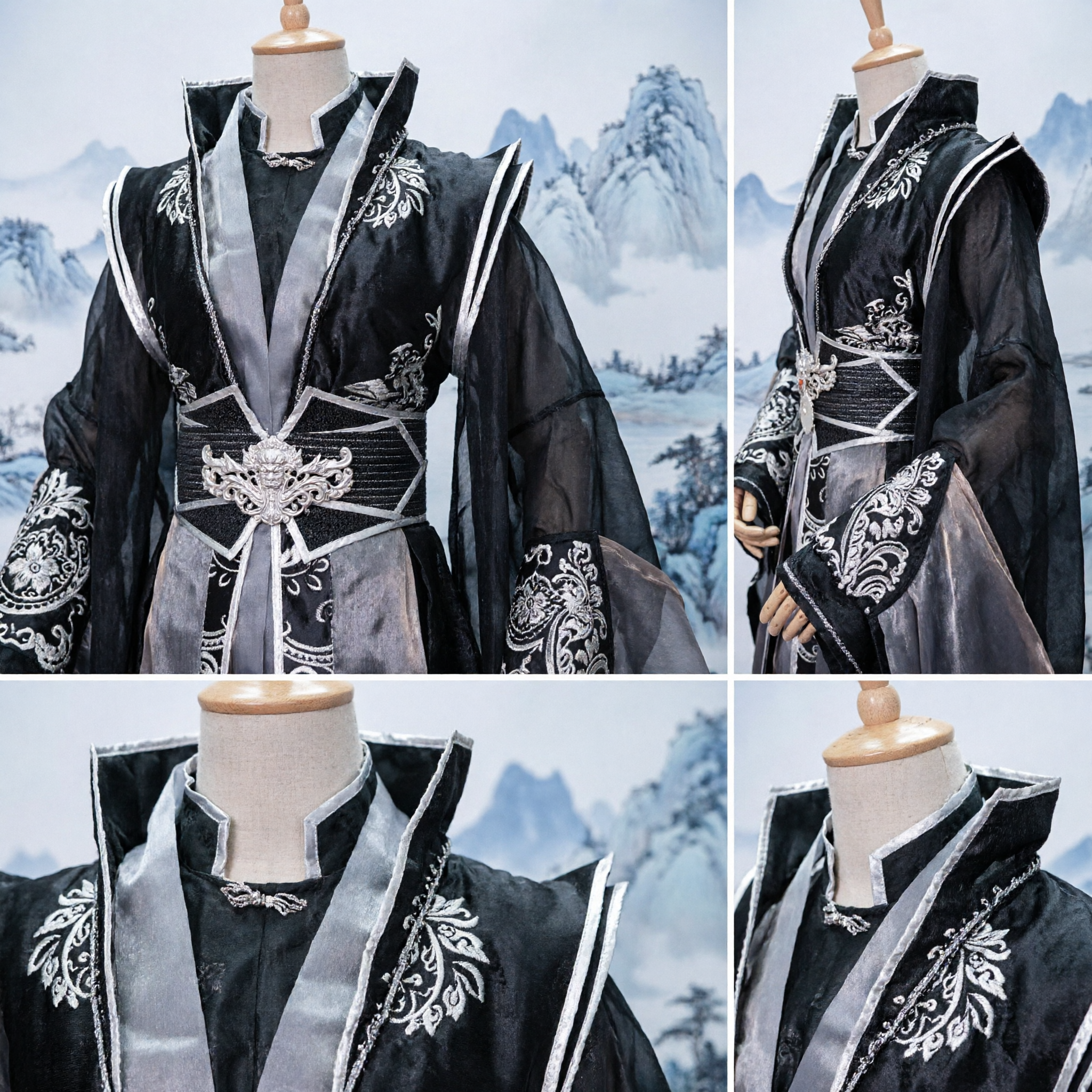 Men's Black Ancient Chinese Hanfu Noble Swordsman Costume Embroidered Robe Traditional Cosplay Outfit