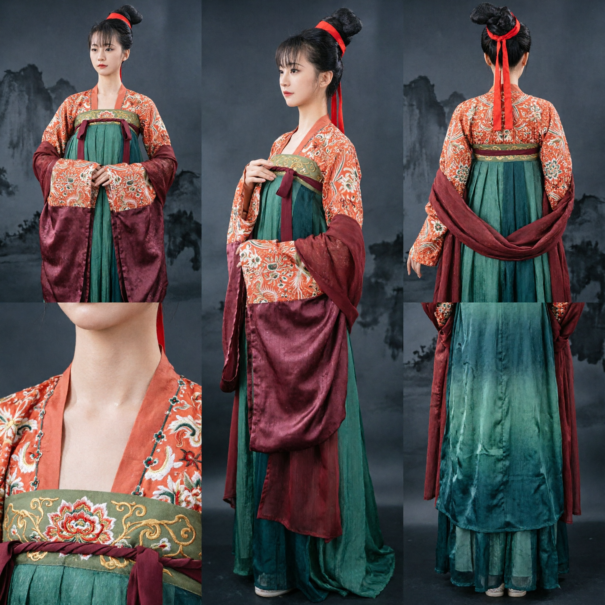 Women's Traditional Chinese Tang Dynasty Hanfu Costume Red Floral Jacket Green High-Waisted Skirt Set