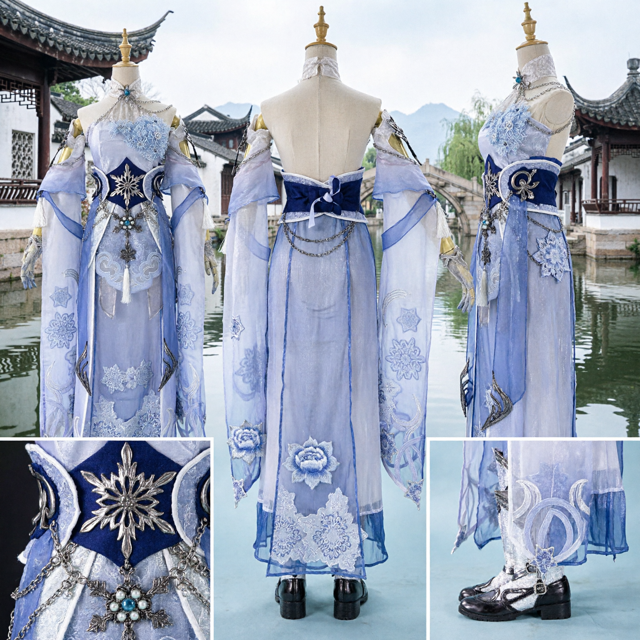 Exquisite Blue and White Chinese Xianxia Fairy Costume Embroidered Hanfu Dress for Women Cosplay