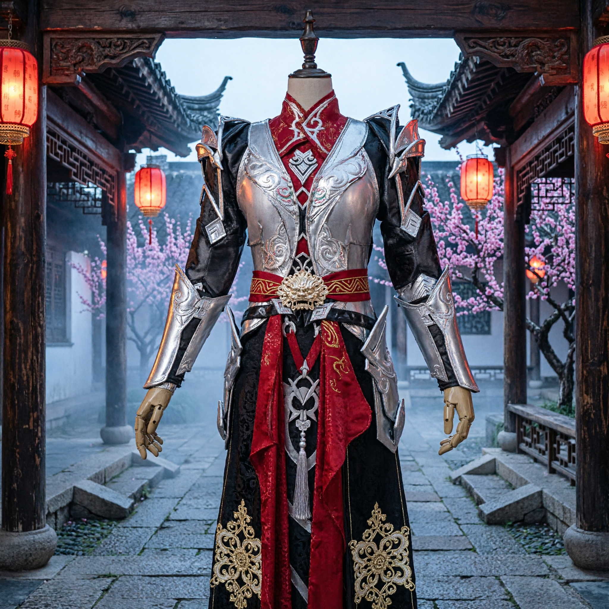 Chinese Ancient Wuxia Swordsman Silver Armor Red Robe Cosplay Costume Fantasy Warrior Outfit for Men