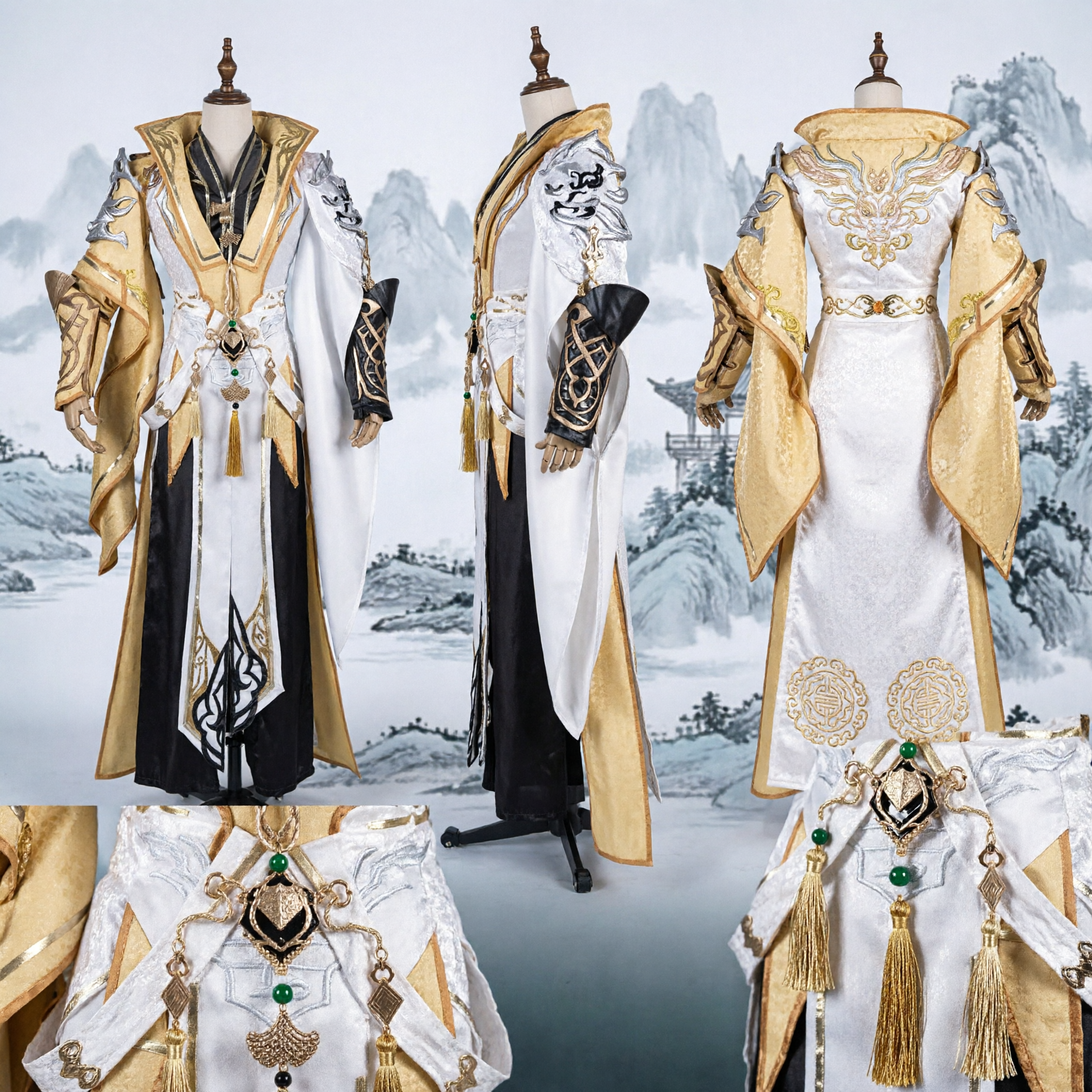 Ancient Chinese Swordsman Cosplay Costume Gold and White Xianxia Noble Robe Wuxia Hanfu Outfit for Men