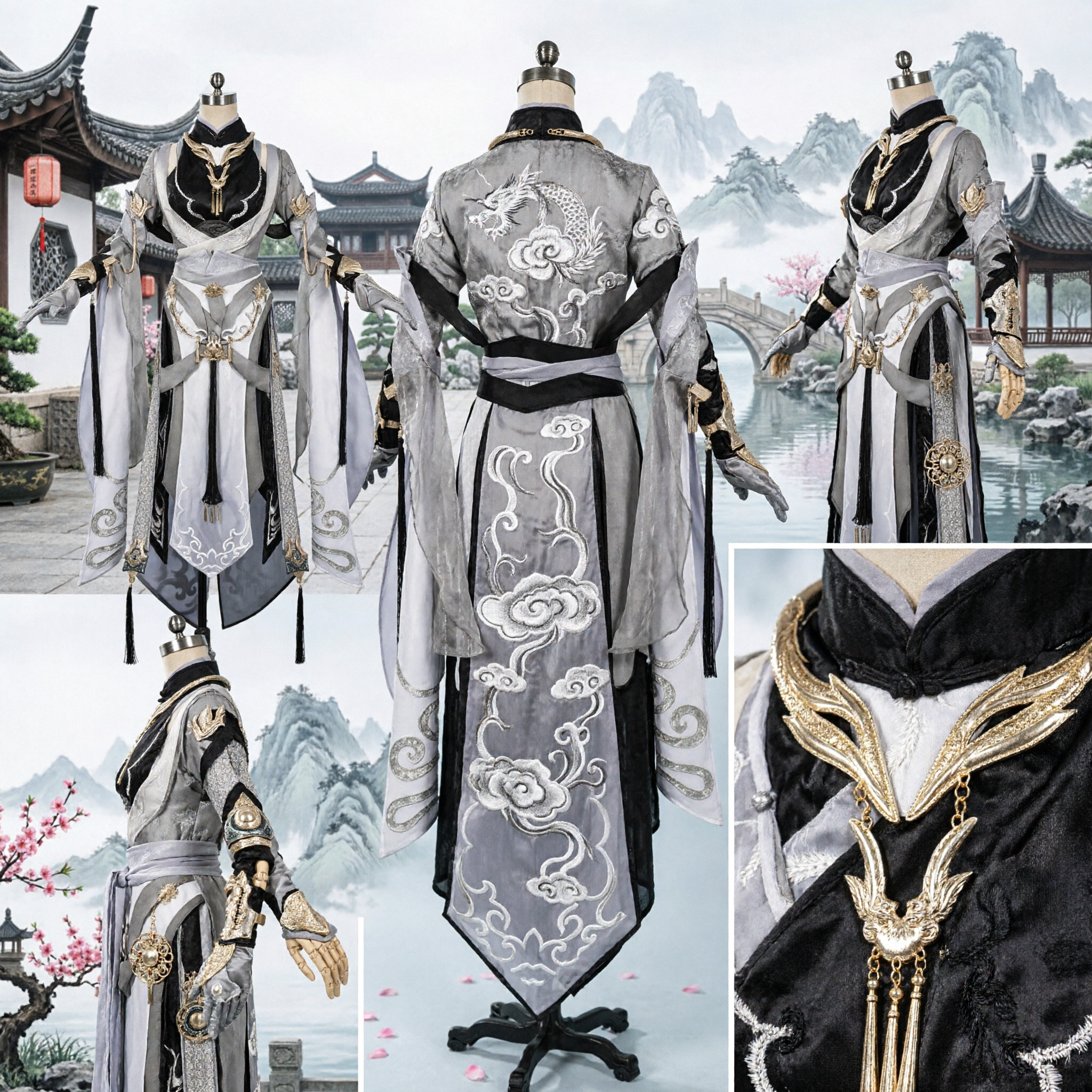 Exquisite White Silver Embroidery Ancient Chinese Hanfu Cosplay Costume Xianxia Fantasy Swordsman Outfit for Adults