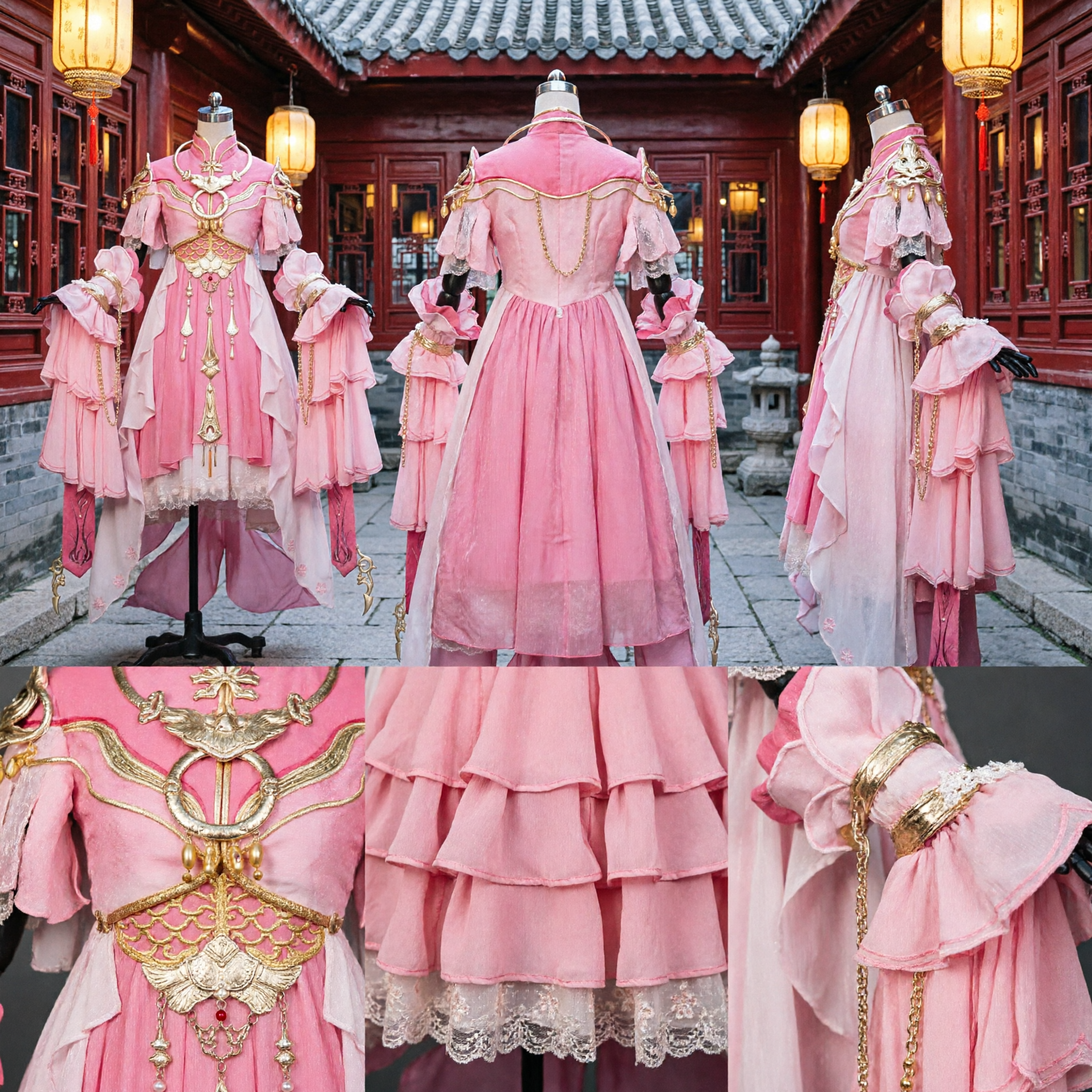 Pink Chinese Xianxia Warrior Princess Hanfu Costume Traditional Fantasy Armor Dress for Women