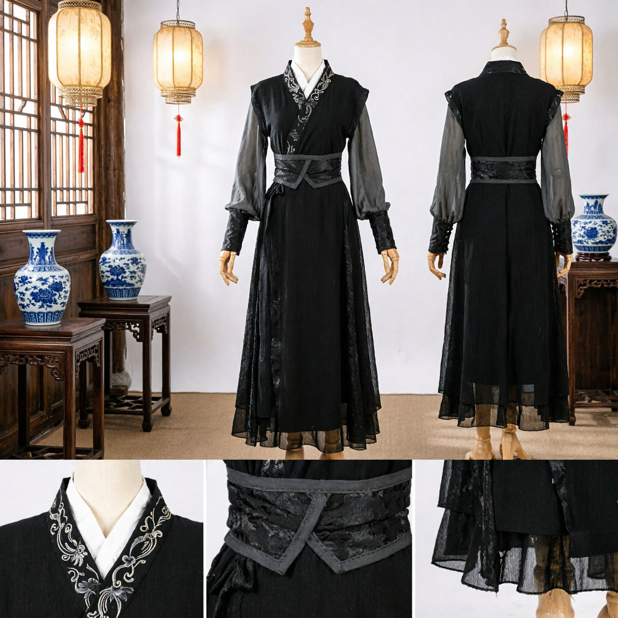 Men's Ancient Chinese Black Hanfu Swordsman Costume Traditional Martial Arts Cosplay Outfit