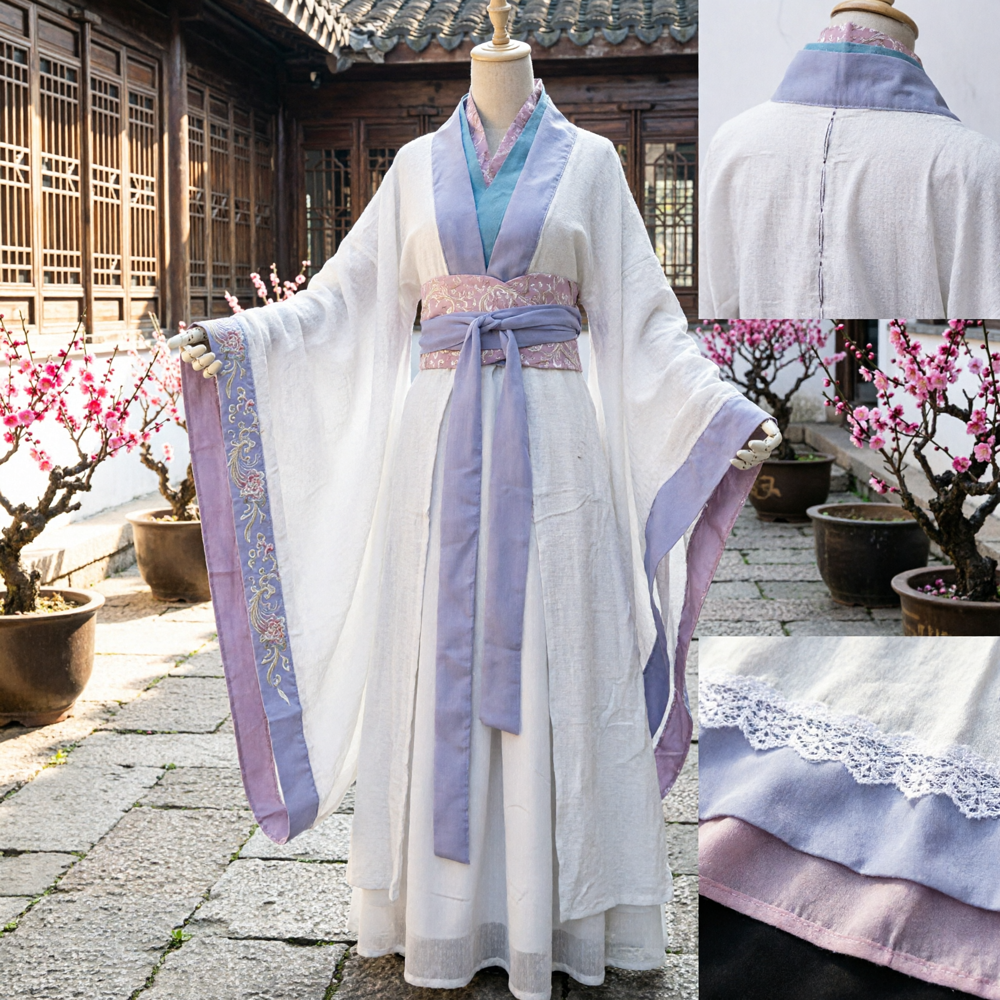 Traditional Chinese Hanfu Costume for Women Elegant White and Purple Ancient Dress with Wide Sleeves