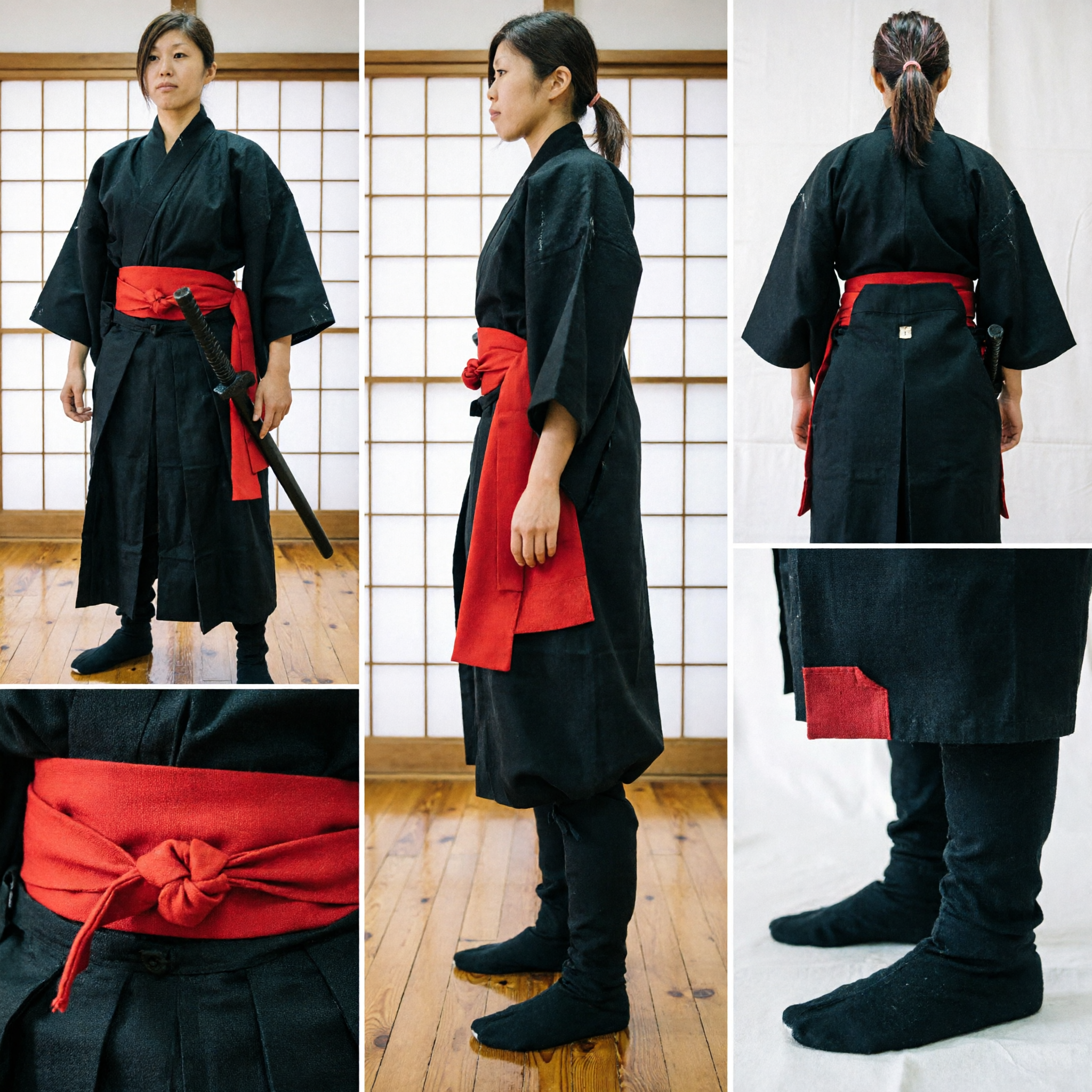 Women's Black Ninja Martial Arts Uniform with Red Sash and Sword Traditional Japanese Samurai Costume for Cosplay