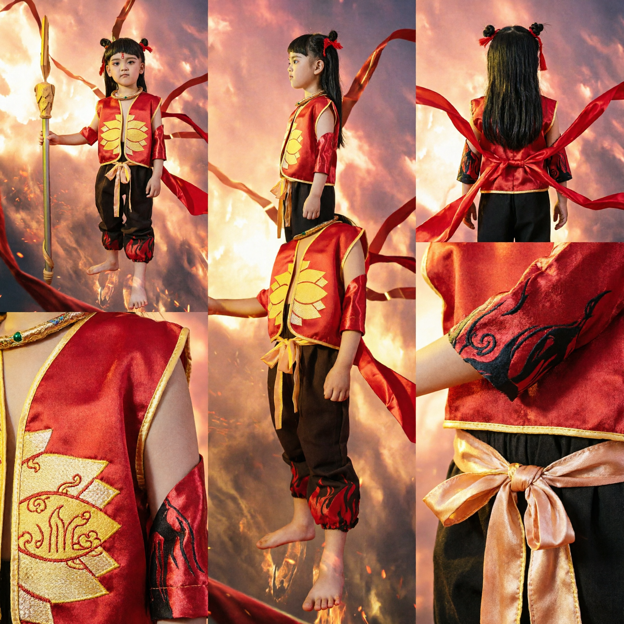 Kids Chinese Mythology Nezha Warrior Cosplay Costume Traditional Red Vest Outfit for Halloween and Stage Performance
