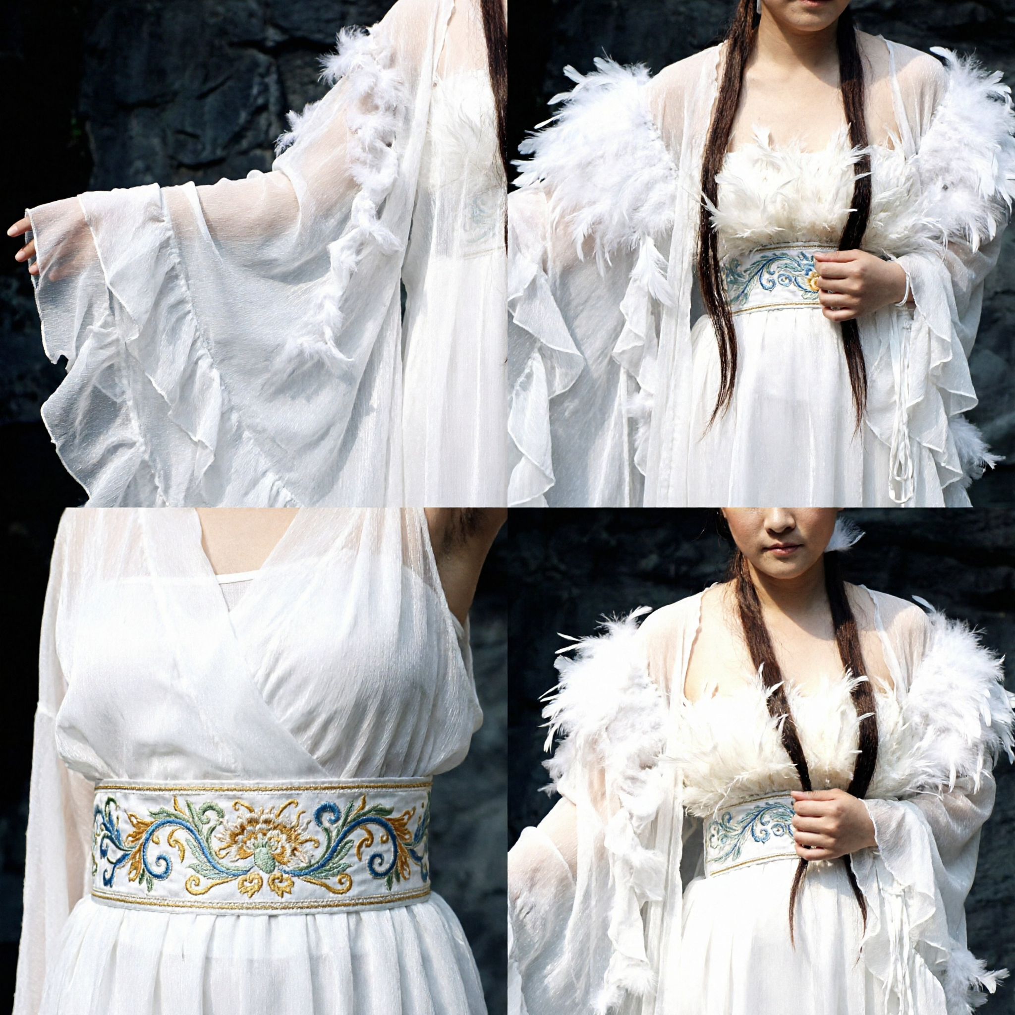 Ancient Chinese White Feather Fairy Hanfu Costume Traditional Goddess Dress for Women Cosplay