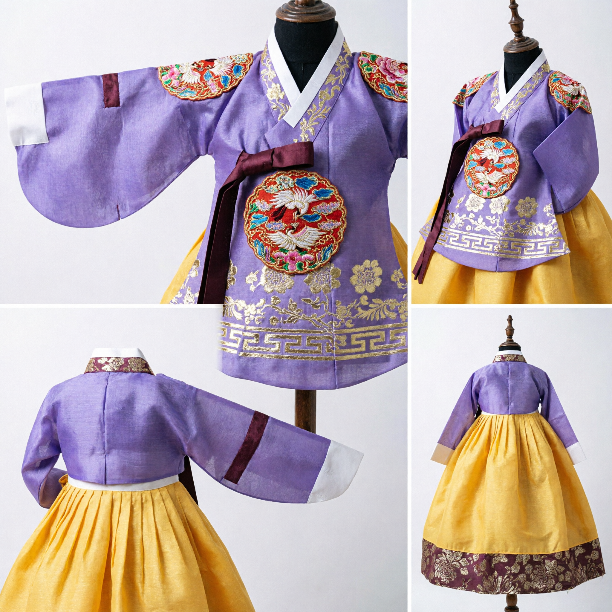 Korean Traditional Hanbok Doll Purple and Yellow Embroidered Costume Souvenir Gift for Home Decoration