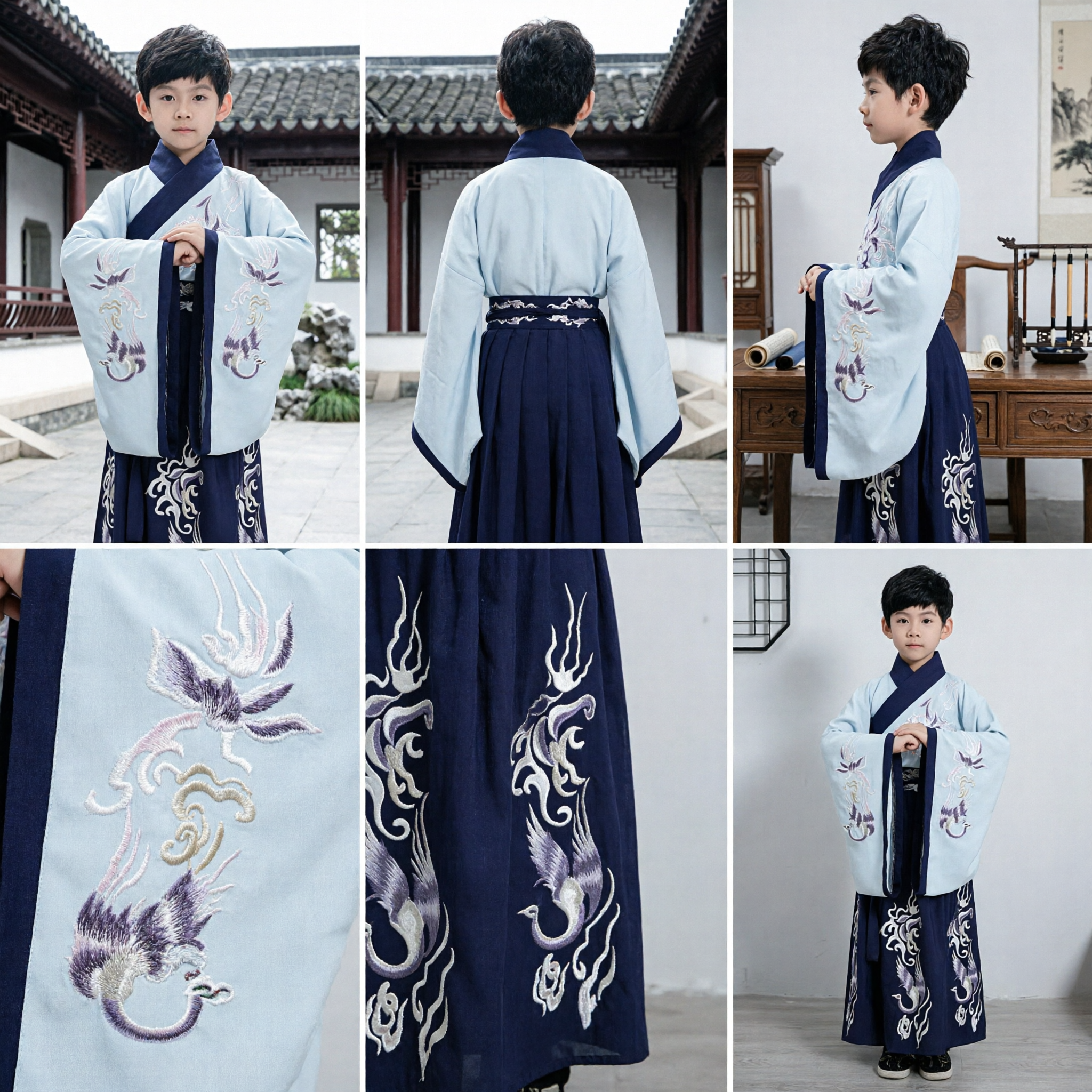 Kids Traditional Chinese Hanfu Costume Boys Ancient Scholar Robe Blue Crane Embroidery Performance Outfit