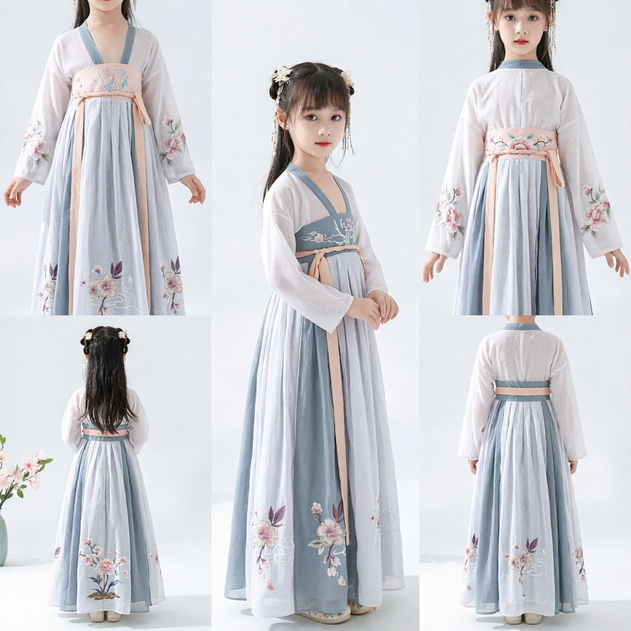 Kids Girls Traditional Chinese Hanfu Dress Ancient Fairy Costume Floral Embroidery Performance Outfit