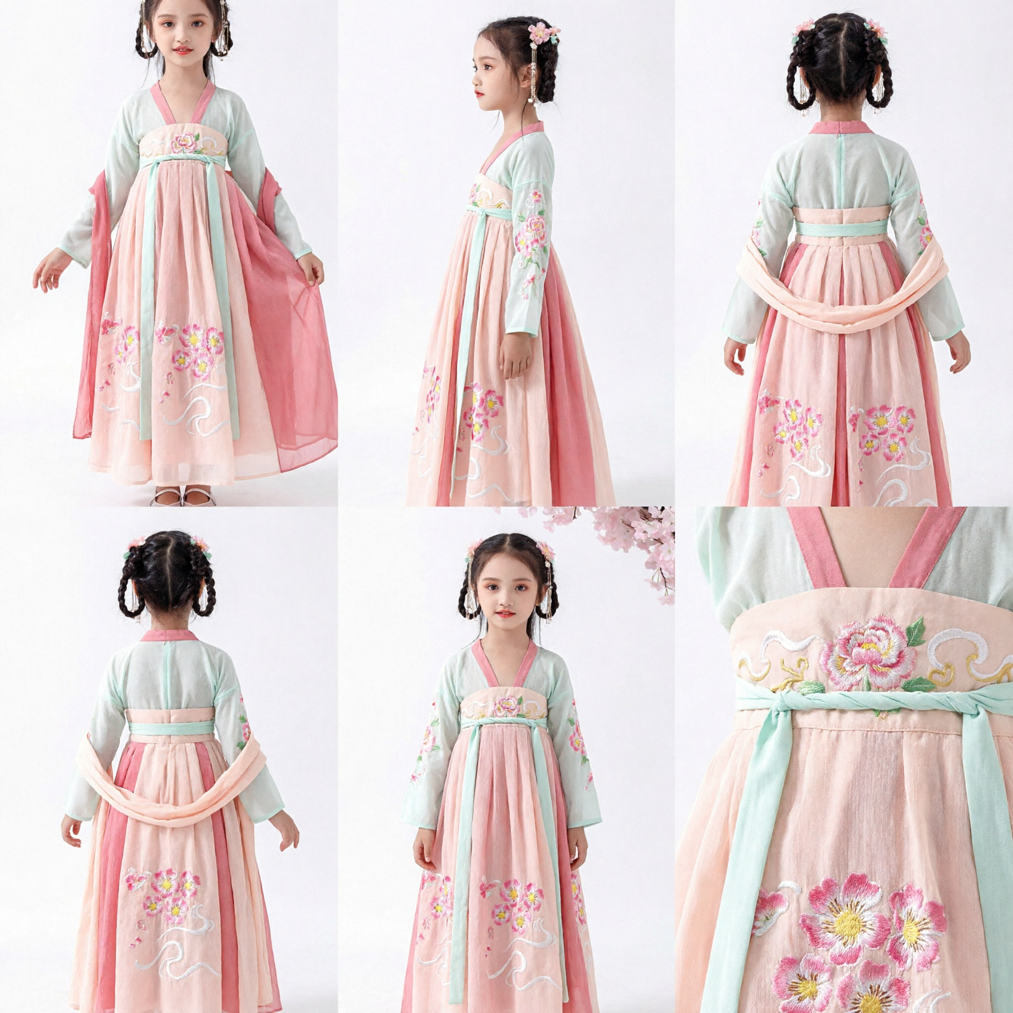 Girls Traditional Chinese Tang Dynasty Hanfu Princess Costume Pink Embroidered Ancient Fairy Dress for Kids