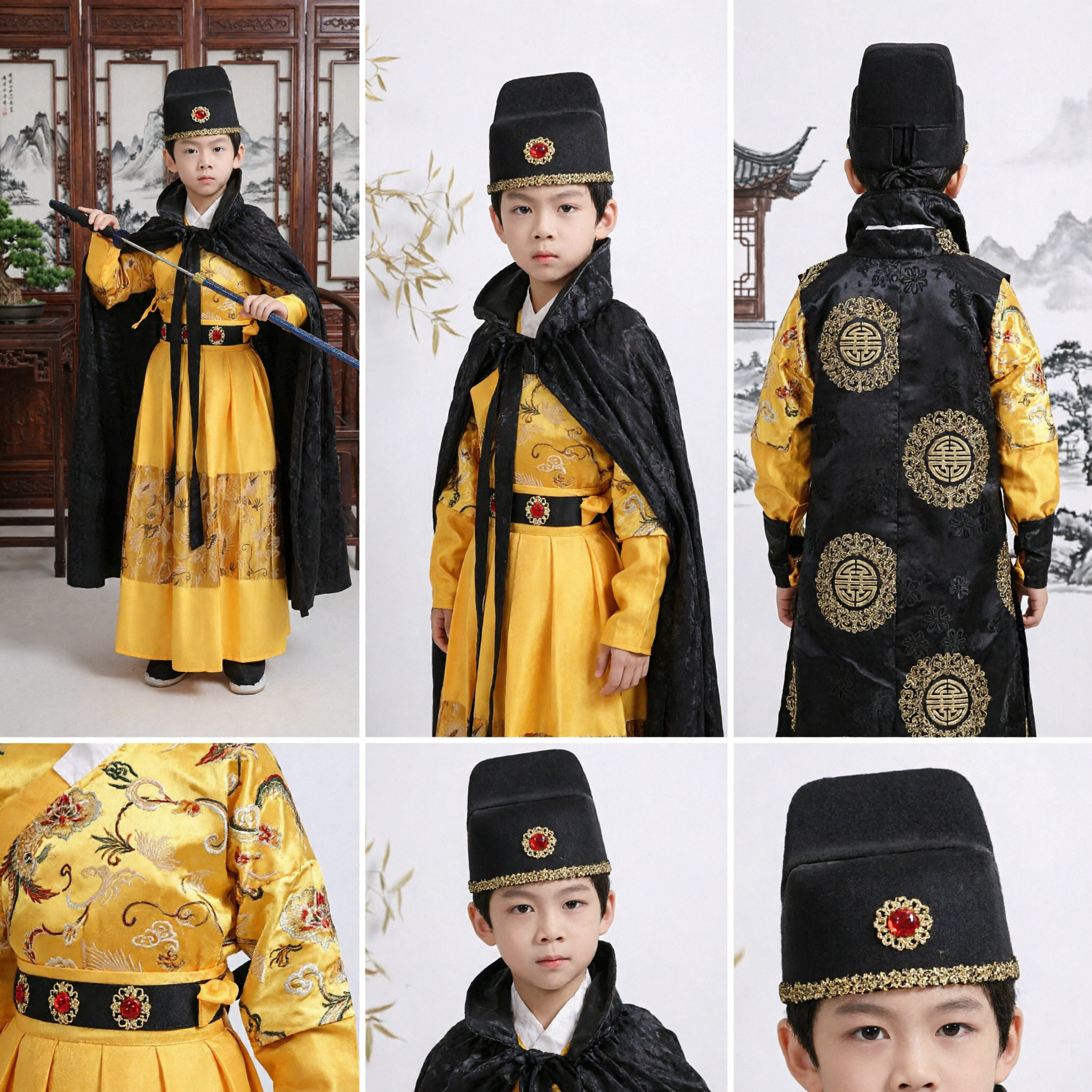 Kids Ancient Chinese Detective Costume Yellow Robe Black Cape Sword Cosplay Outfit for Boys Halloween