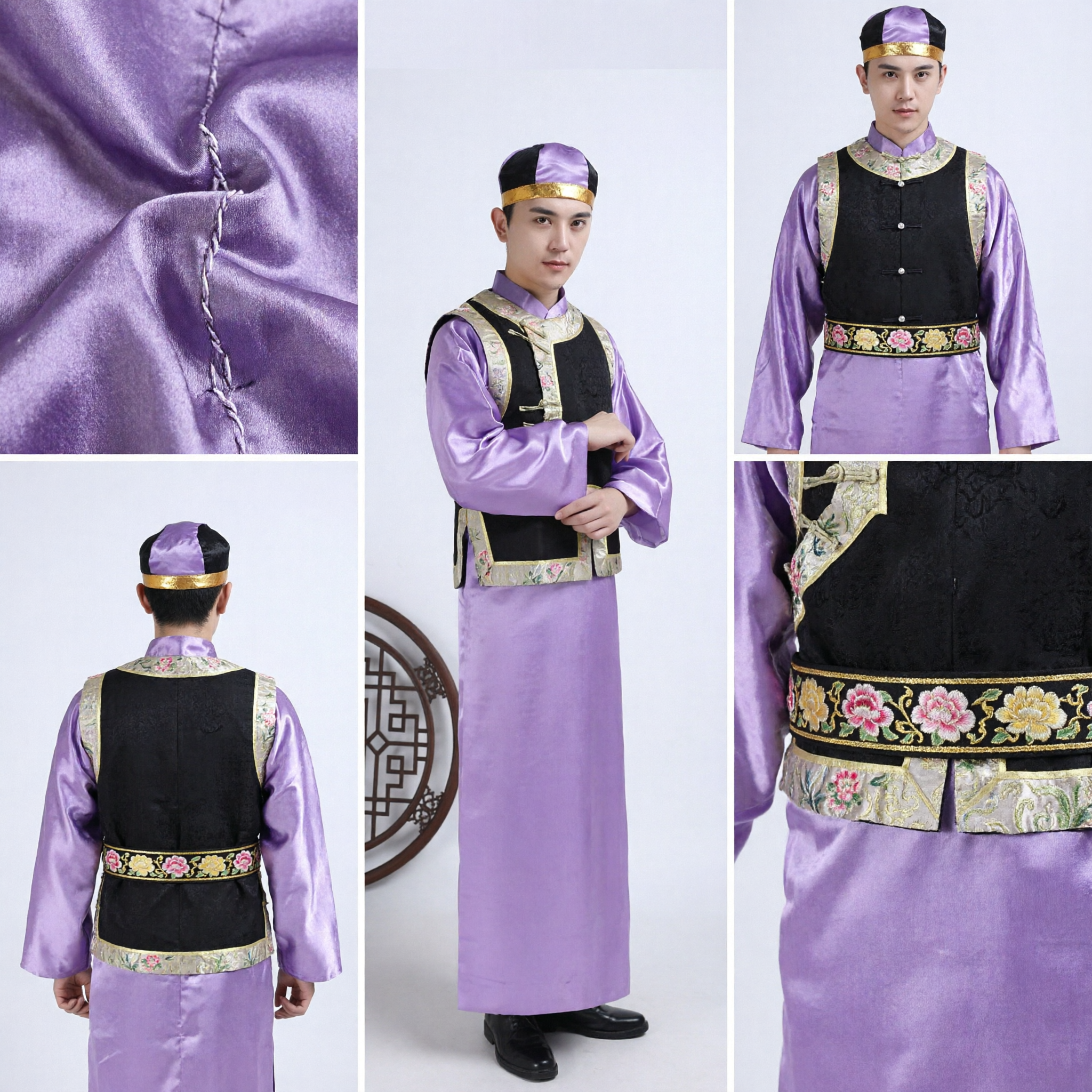 Traditional Chinese Qing Dynasty Purple Changshan Robe and Magua Vest Costume for Men Stage Performance