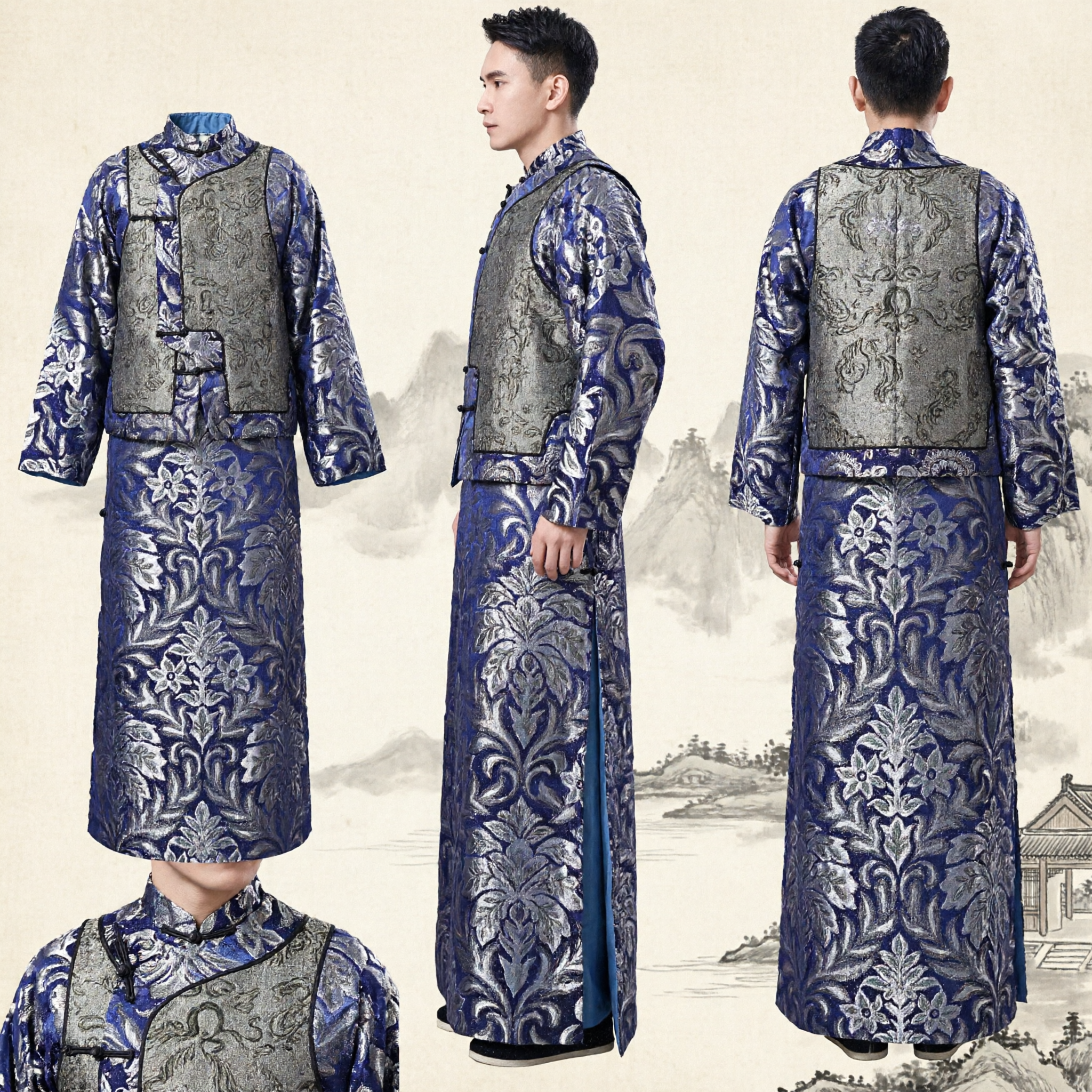 Traditional Chinese Men's Blue Brocade Changshan and Magua Set Wedding Groom Tang Suit Costume