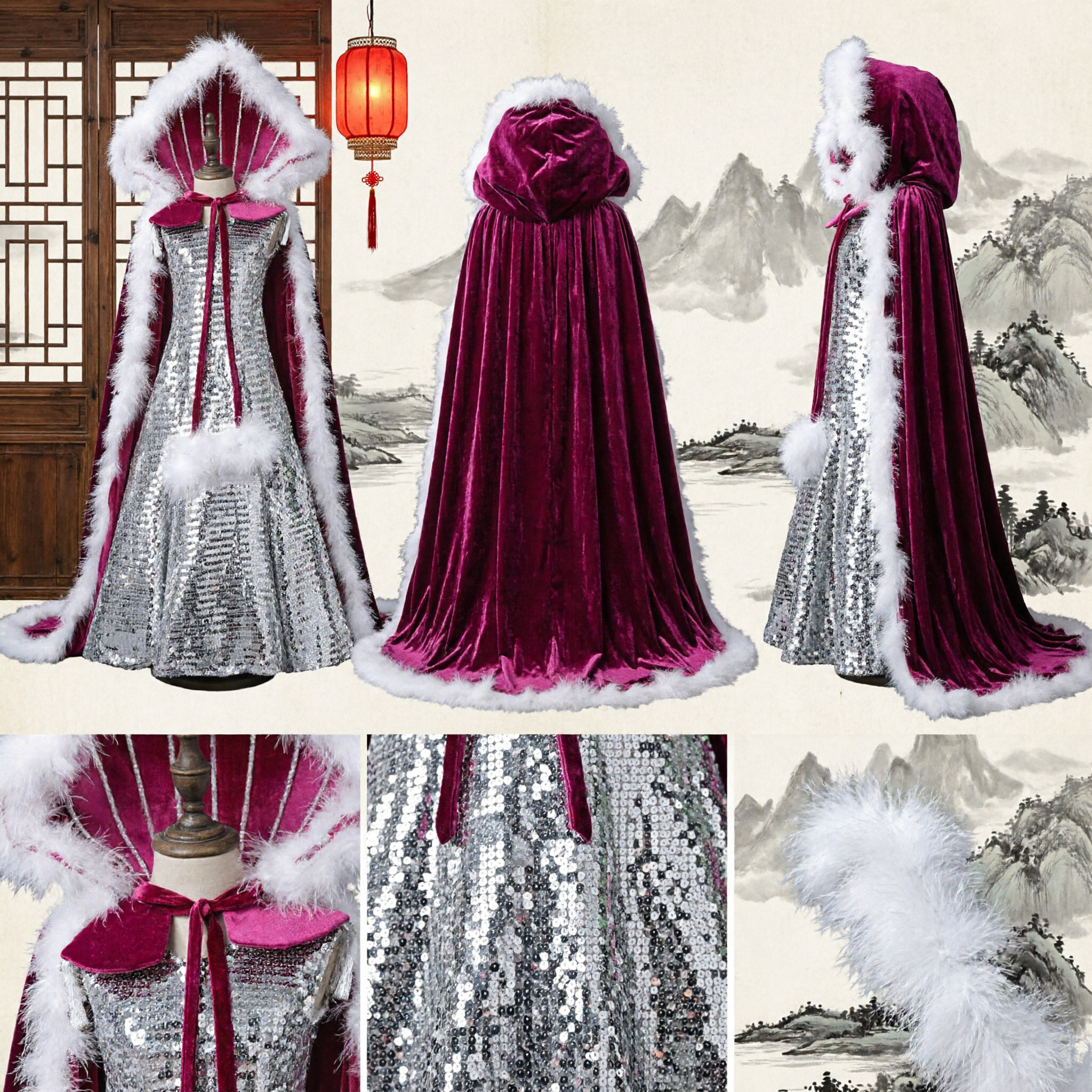 Women's Silver Sequin Dress with Pink Lined White Fur Hooded Cape Stage Performance Costume