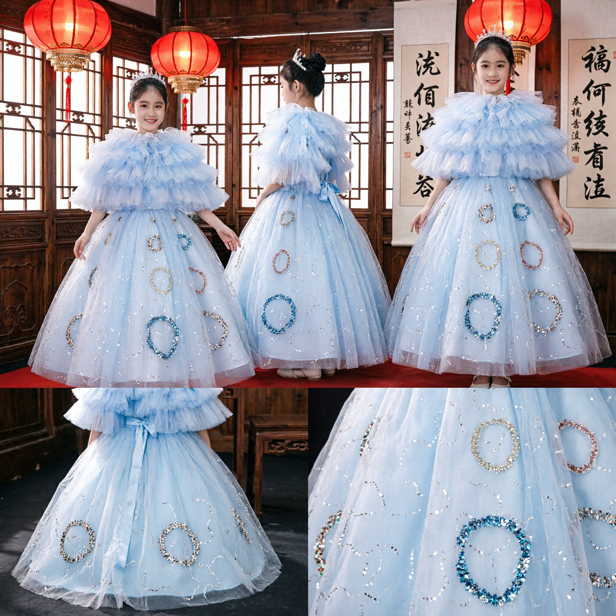 Girls Light Blue Ruffled Tulle Ball Gown Princess Dress for Pageants Weddings and Formal Performances