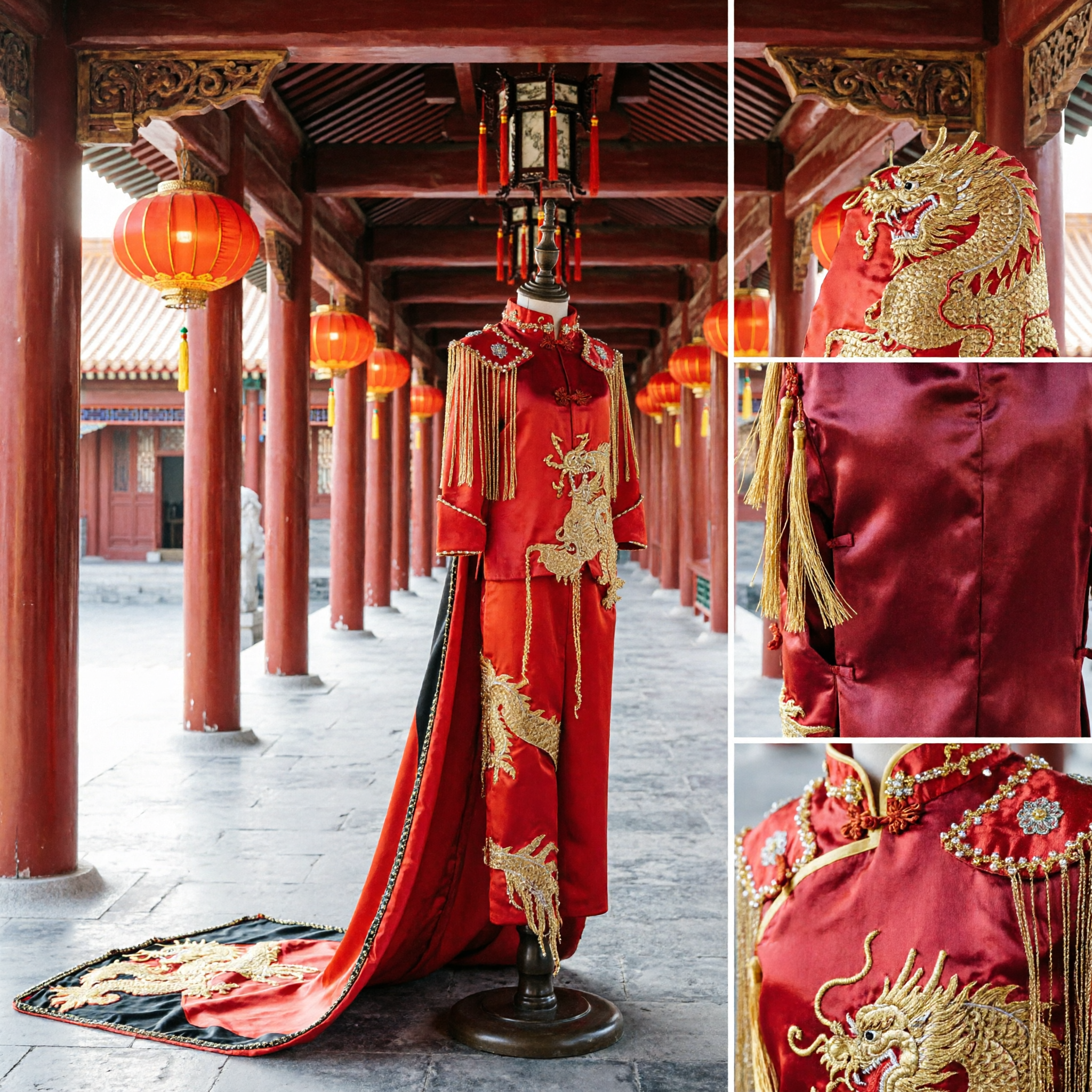 Traditional Chinese Wedding Groom Suit Red Dragon Embroidery Tang Suit with Cape for Men's Ceremony