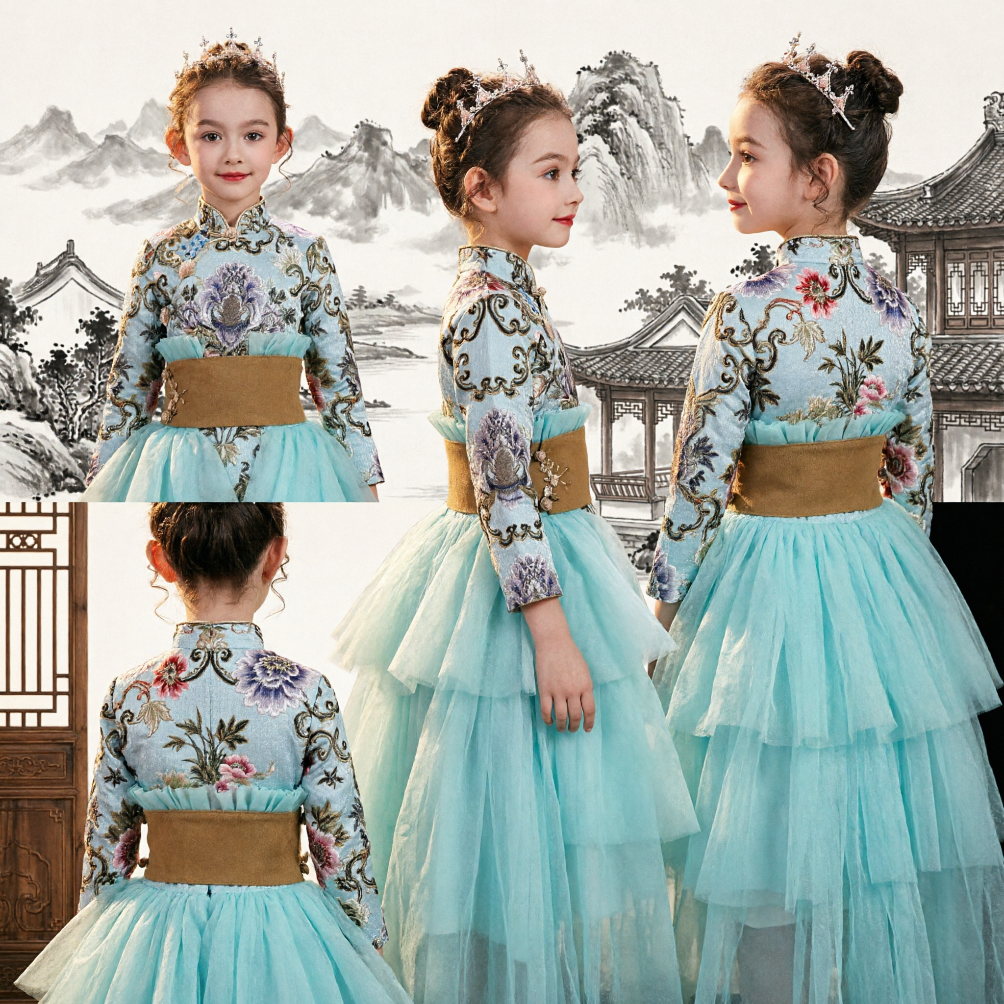 Kids Girls Traditional Chinese Cheongsam Dress Blue Embroidered Top Tiered Tulle Skirt Performance Costume