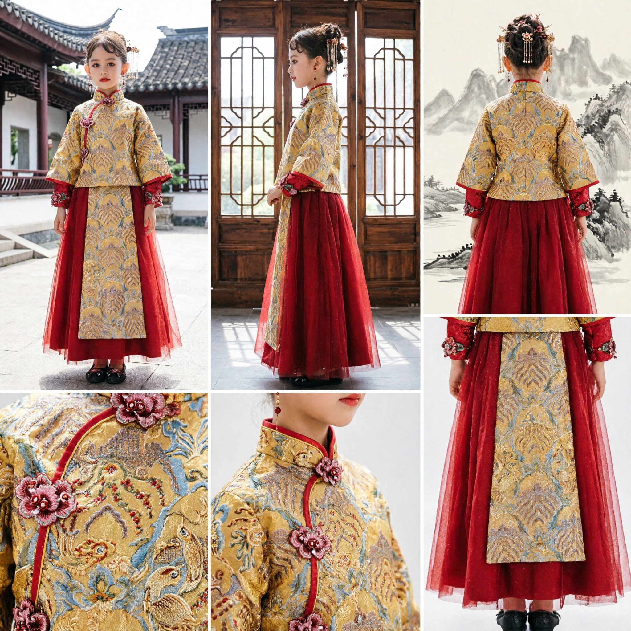 Traditional Chinese Kids Hanfu Dress Girls Gold Embroidery Tang Suit Top Red Skirt Set for Wedding