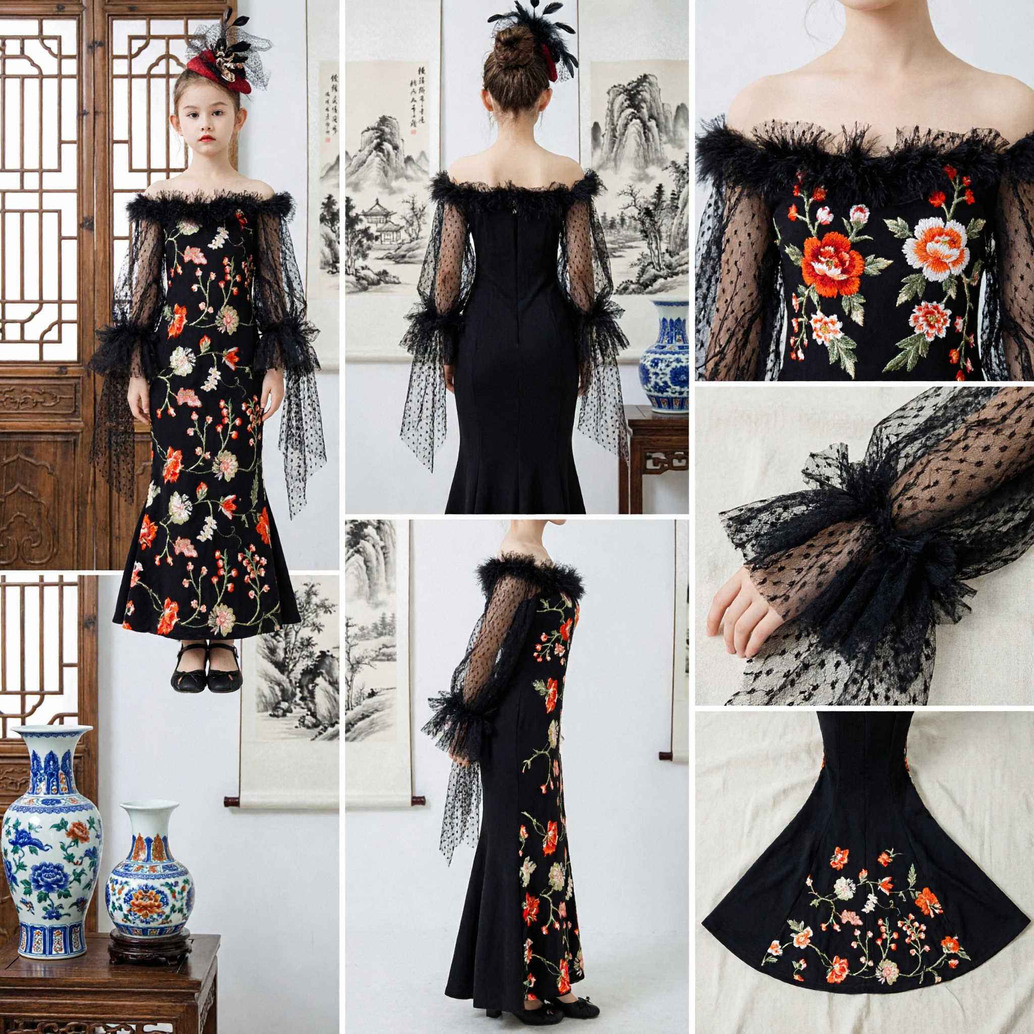 Elegant Black Floral Embroidery Off-Shoulder Gown with Lace Sleeves and Hat for Girls Formal Occasions
