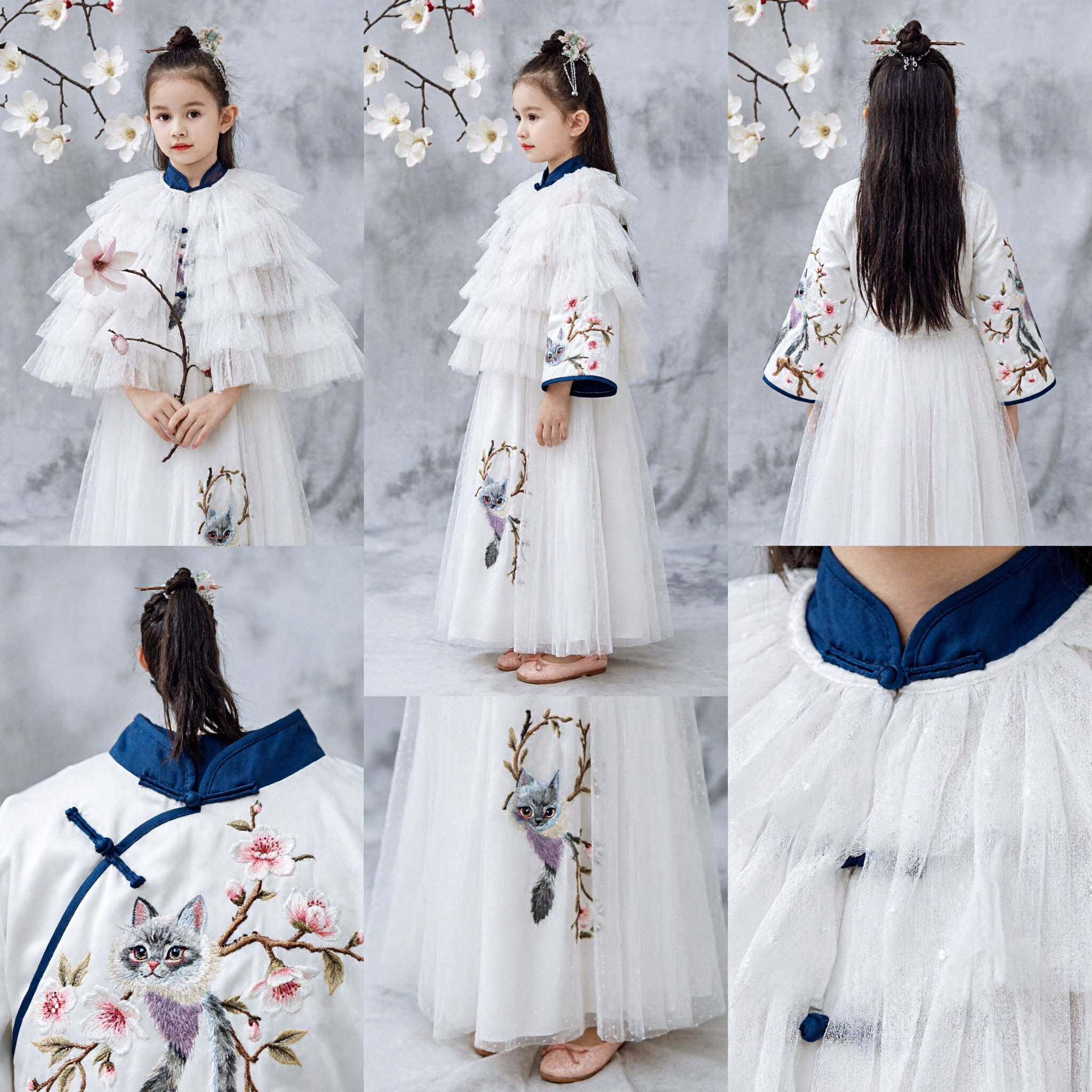Traditional Chinese Hanfu Dress for Girls White Tulle Fairy Cape Ancient Costume Performance Outfit
