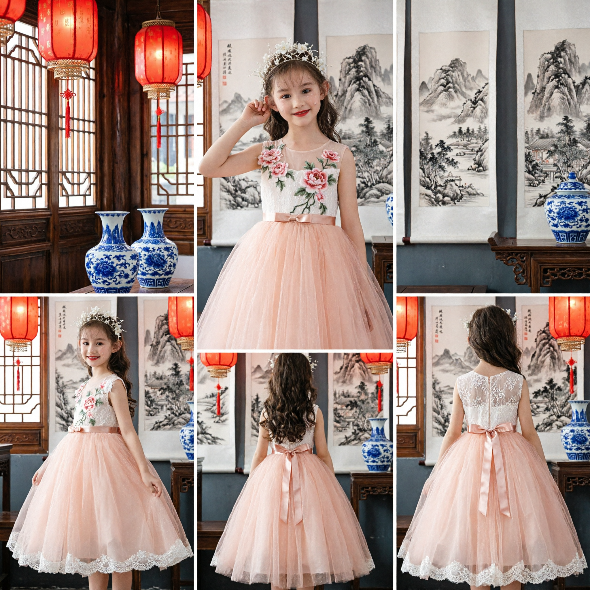 Elegant Champagne Lace Flower Girl Dress Princess Ball Gown for Kids Wedding Party Pageant
