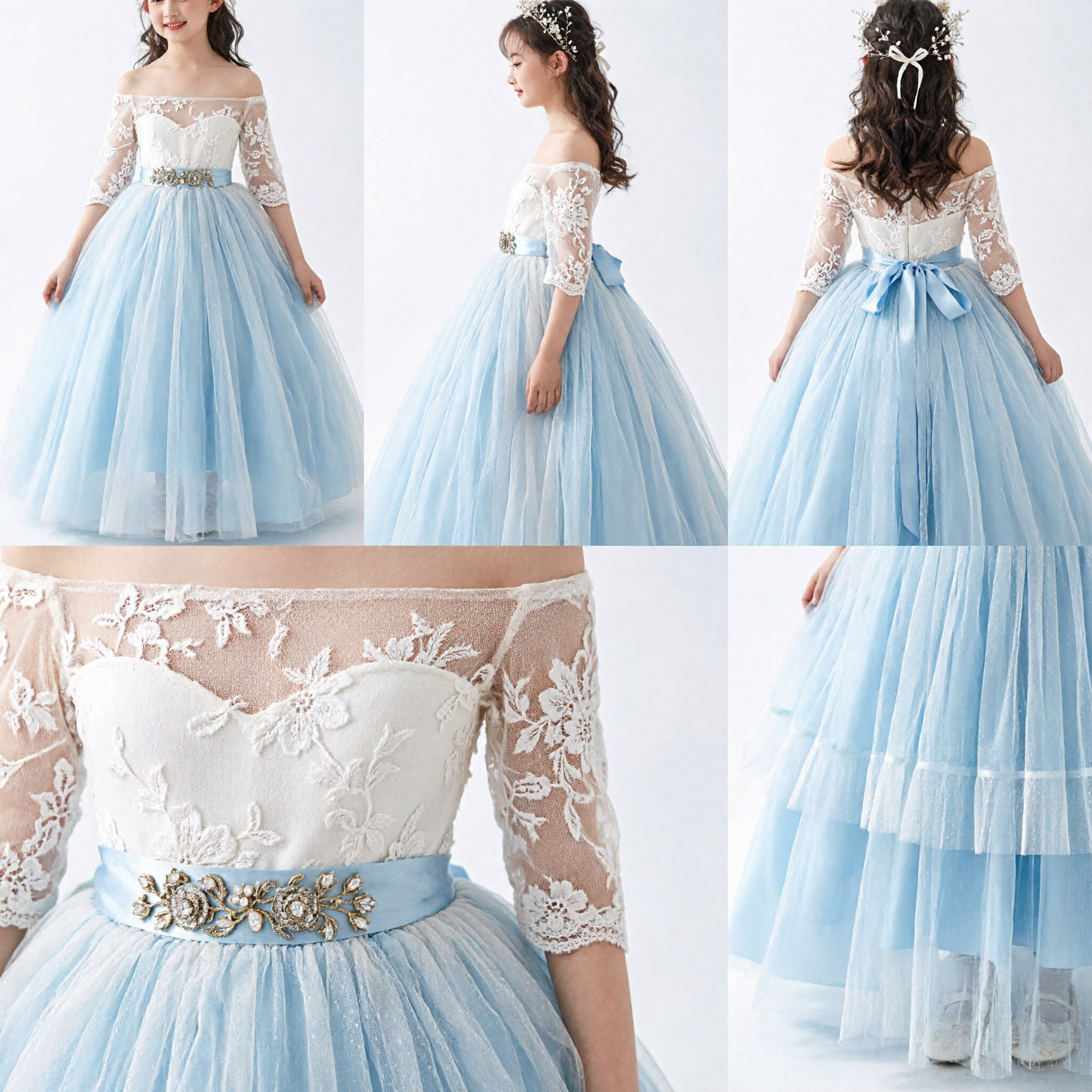 Elegant Light Blue Off-Shoulder Lace Ball Gown for Girls Formal Wedding Flower Girl Pageant Dress