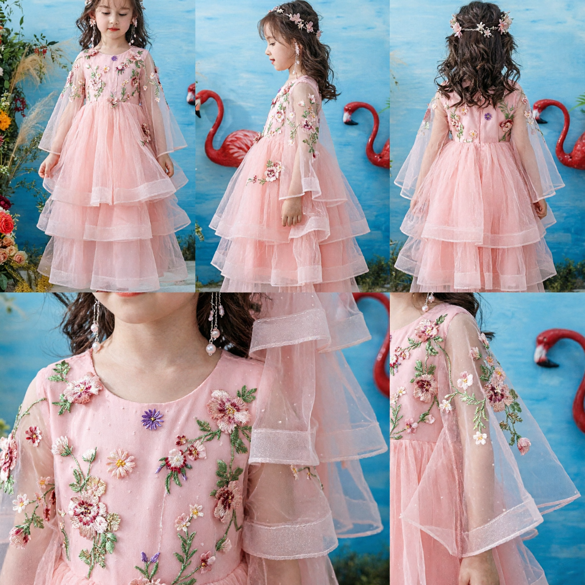 Elegant Pink Floral Embroidery Long Tulle Princess Dress for Girls Flower Girl Wedding Party Gown