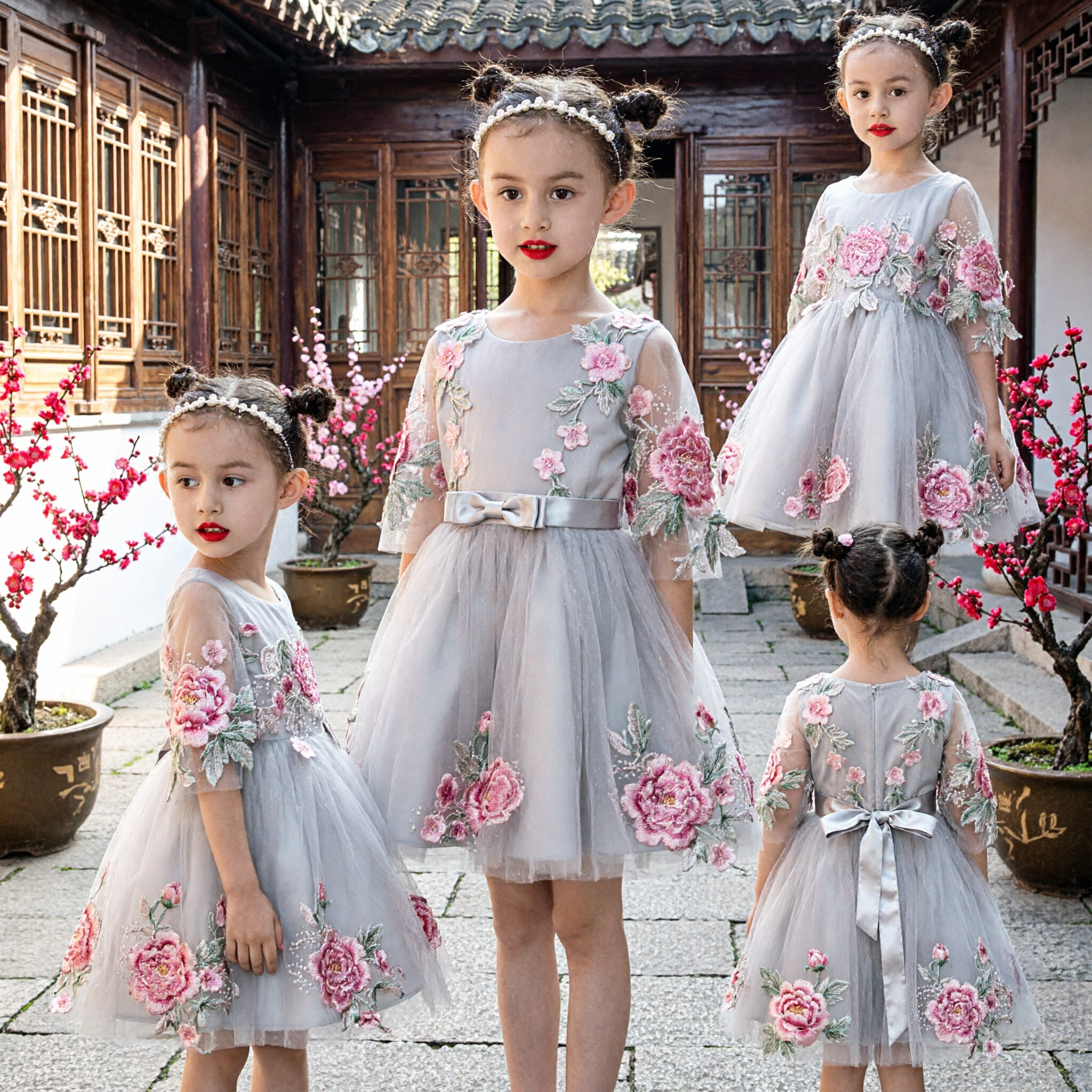 Elegant Girls Floral Embroidery Tulle Dress Princess Style Formal Wedding Party Flower Girl Gown