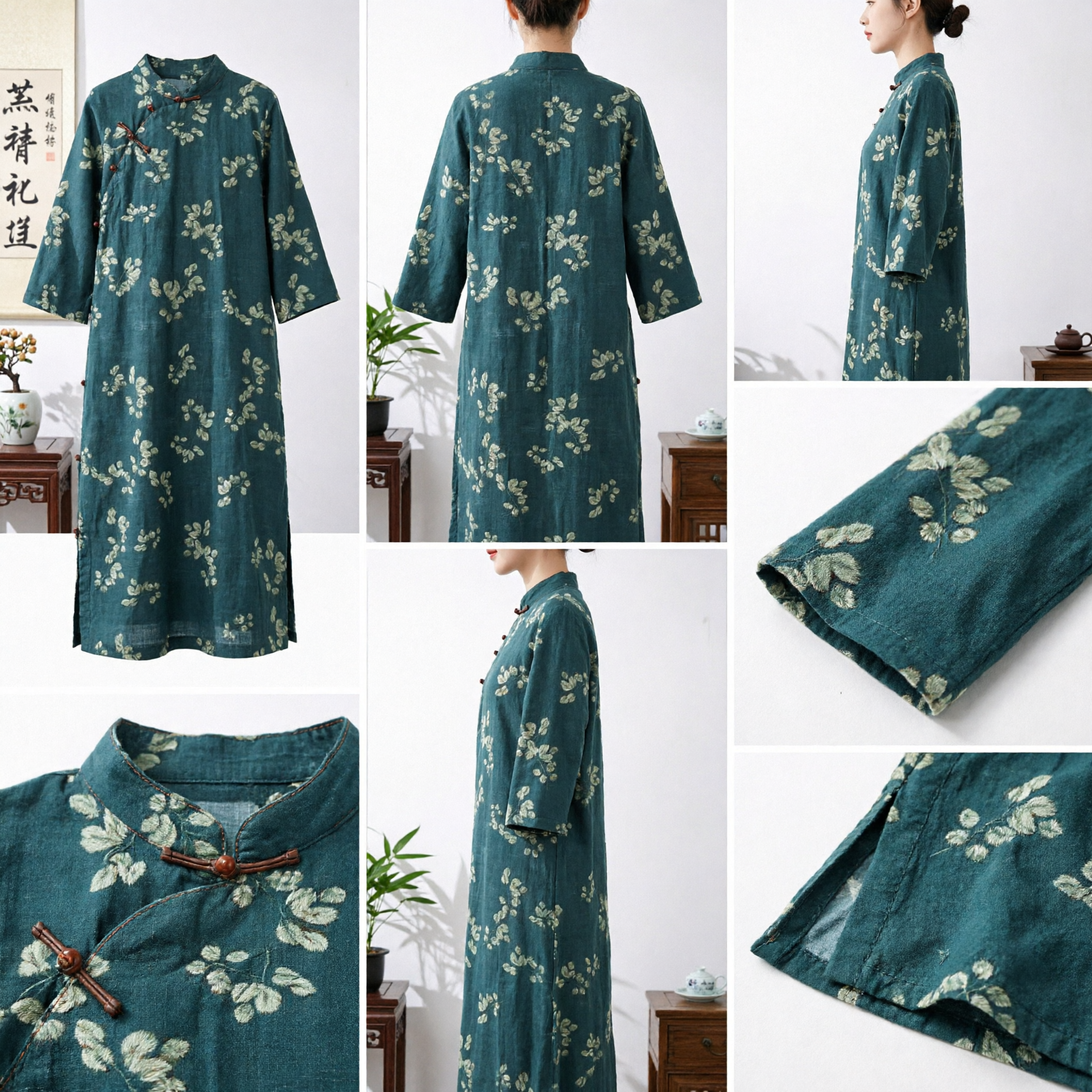 Traditional Chinese Cheongsam Dress for Women Vintage Floral Linen Qipao Robe with Mandarin Collar