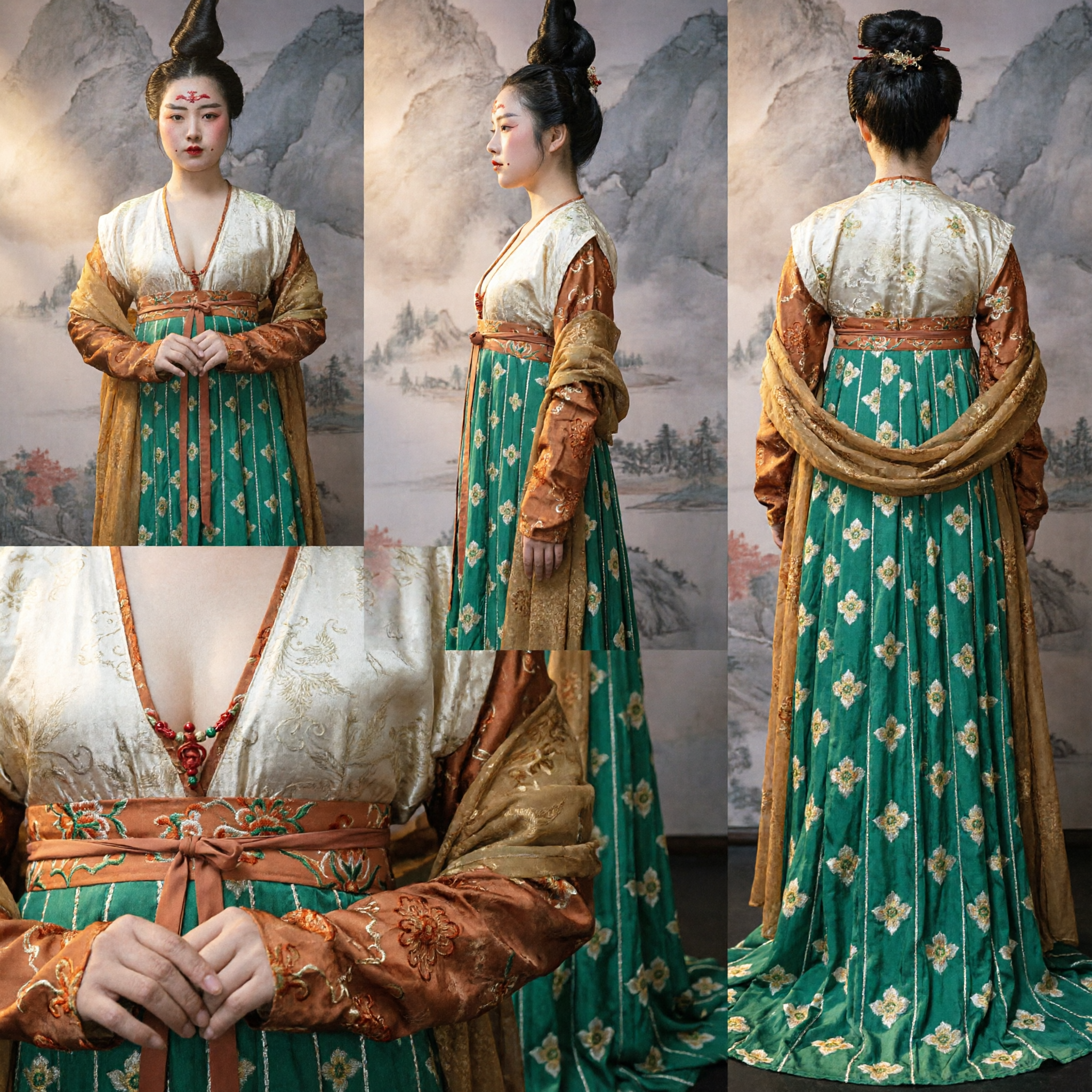 Ancient Chinese Tang Dynasty Palace Lady Green Floral Ruqun Hanfu Traditional Costume for Women