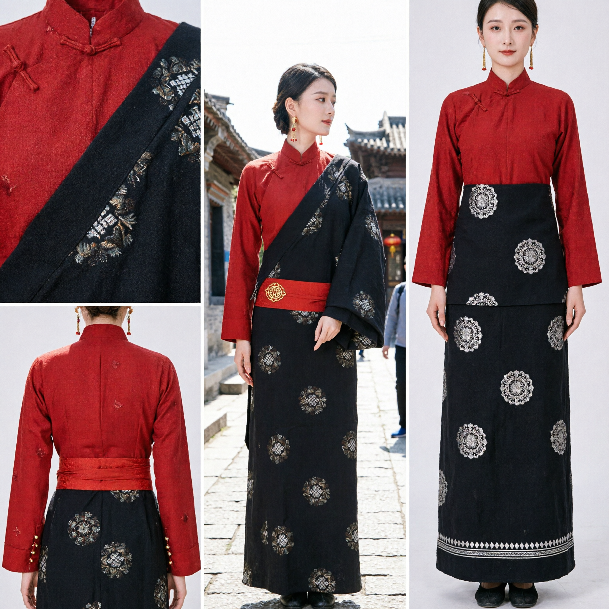 Traditional Tibetan Costume for Women Red and Black Ethnic Chuba Dress Folk Dance Performance Clothing