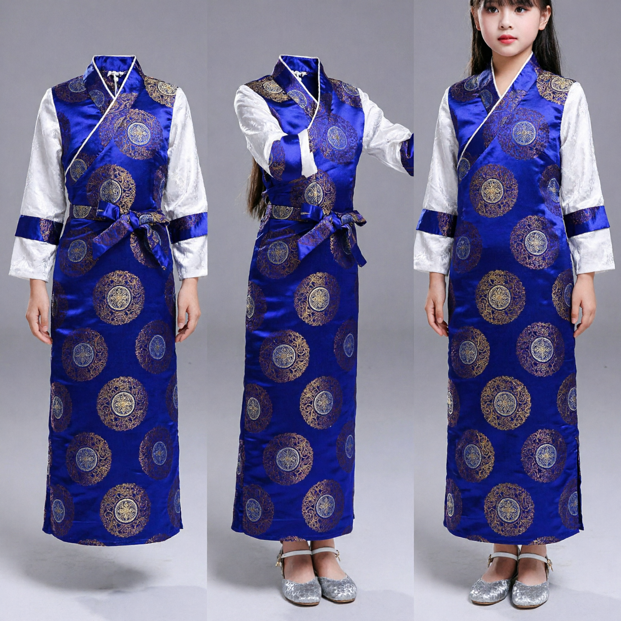 Traditional Chinese Royal Blue Hanfu Dress for Girls Kids Folk Music Performance Costume