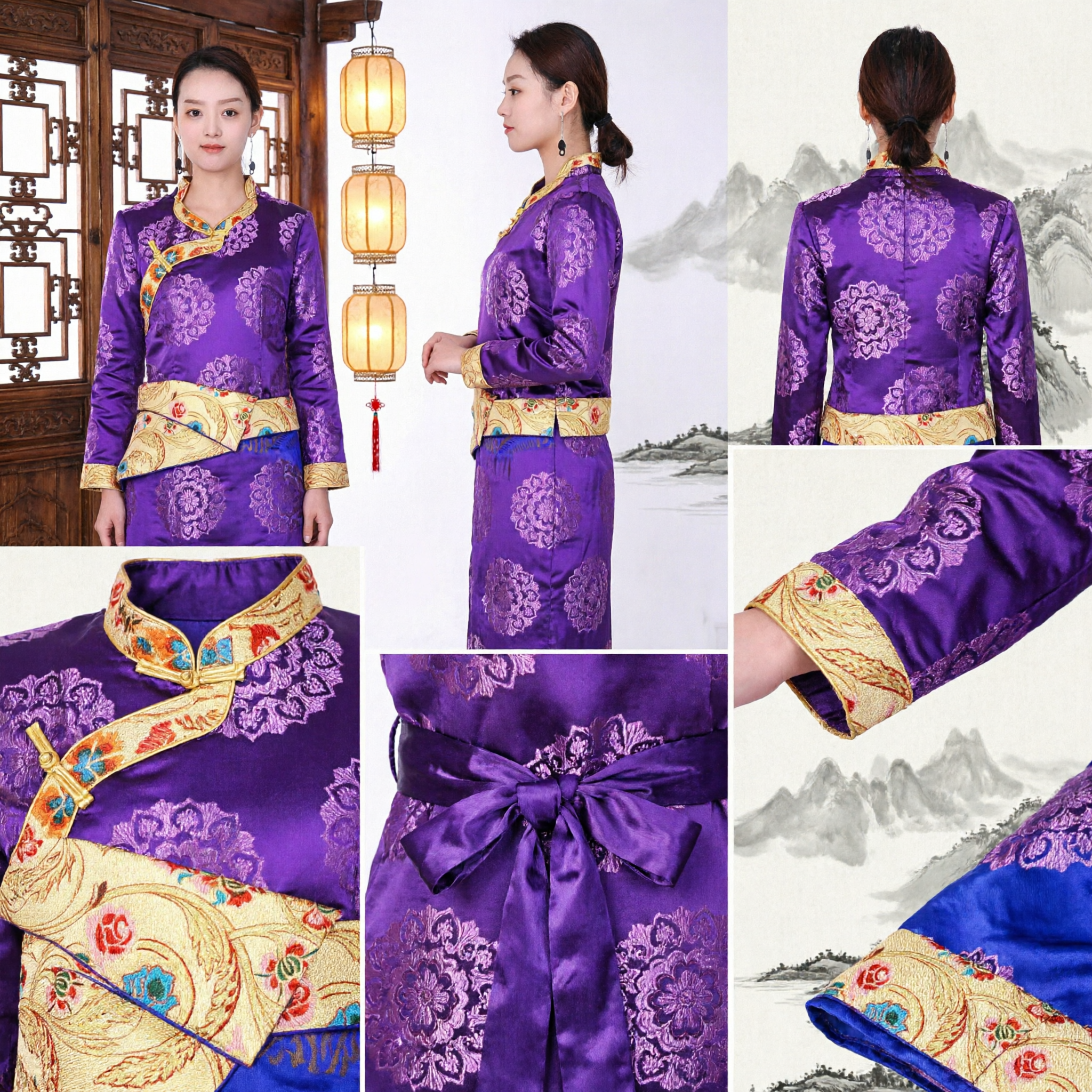 Traditional Tibetan Style Purple Brocade Blouse Women's Ethnic Costume for Folk Dance and Cultural Performance