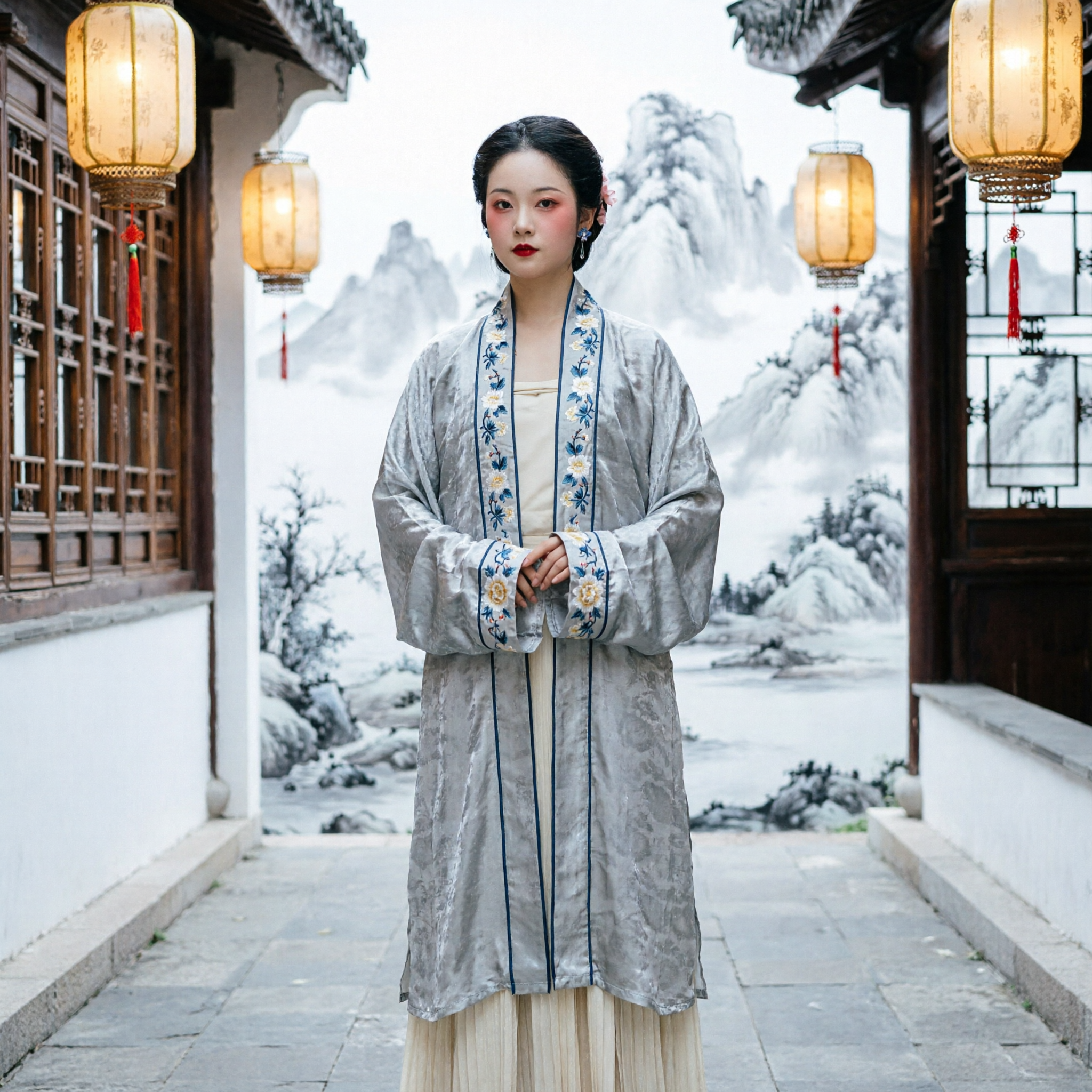 Elegant Chinese Traditional Hanfu Ancient Costume Grey Embroidered Robe for Women Photography and Tea Ceremony